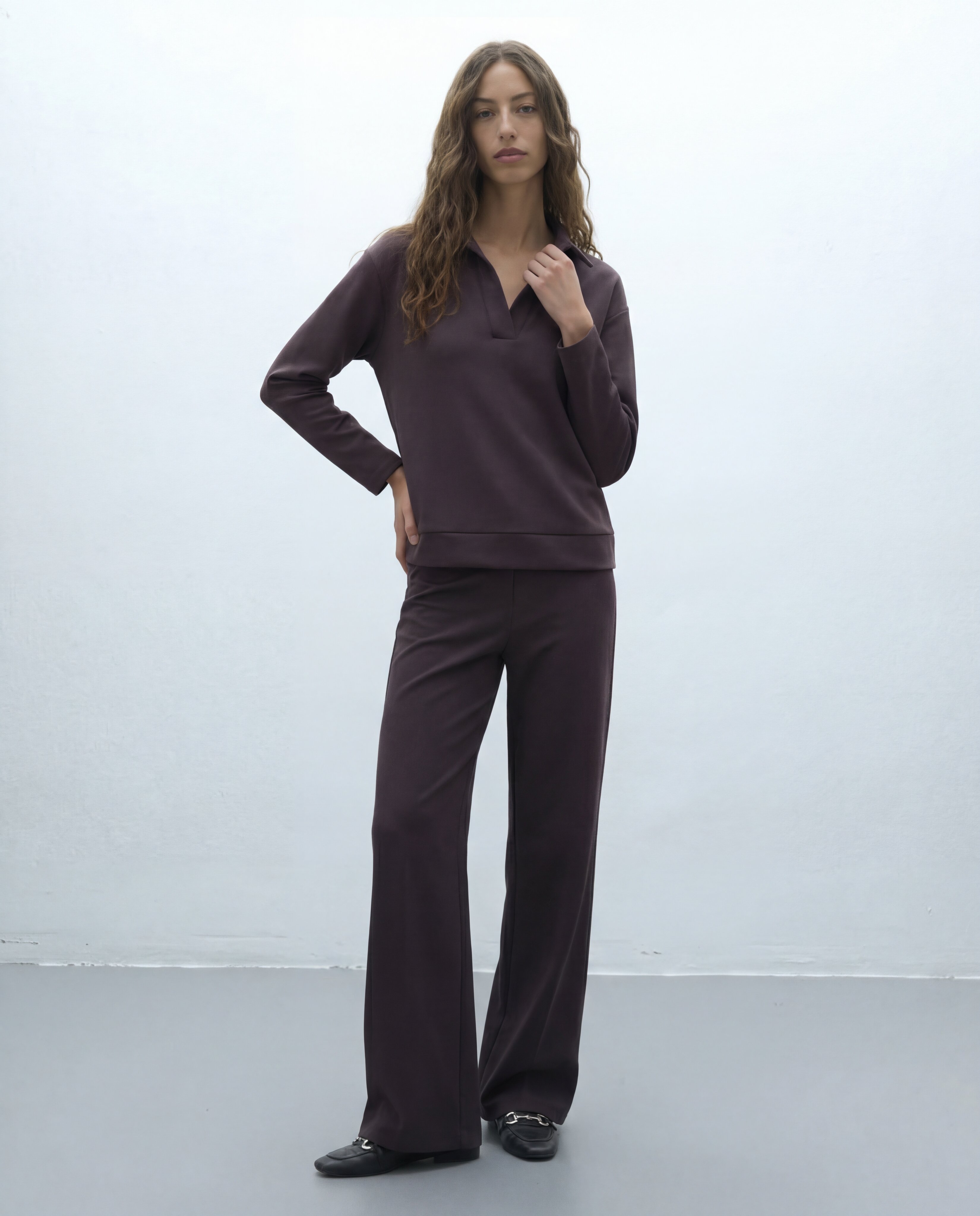 Pantalón recto de mujer punto liso cintura elástica - Andam - Gris Gris-1