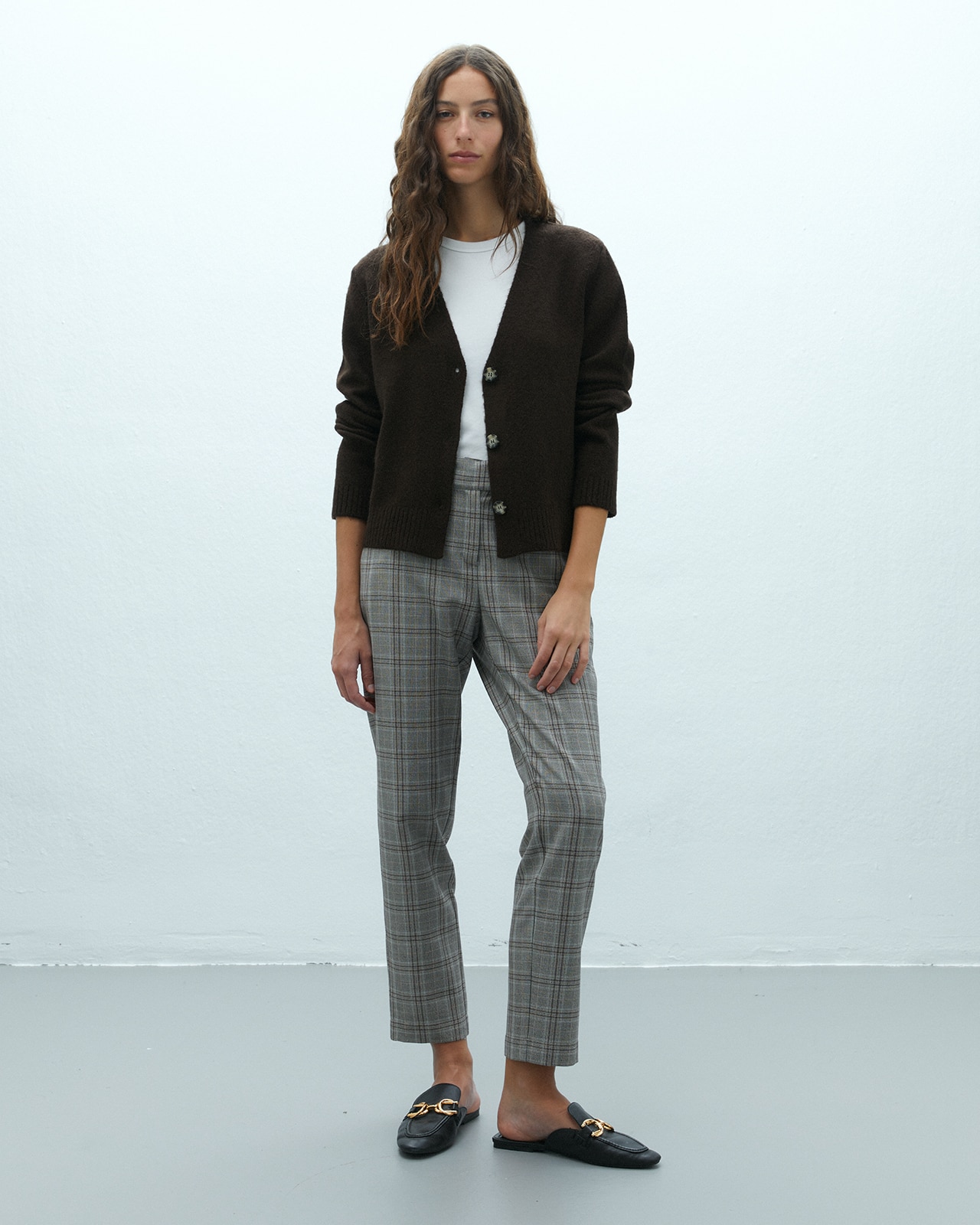 Pantalón recto de mujer estampado cuadros cintura elástica - Andam - Marrón Marrón-1