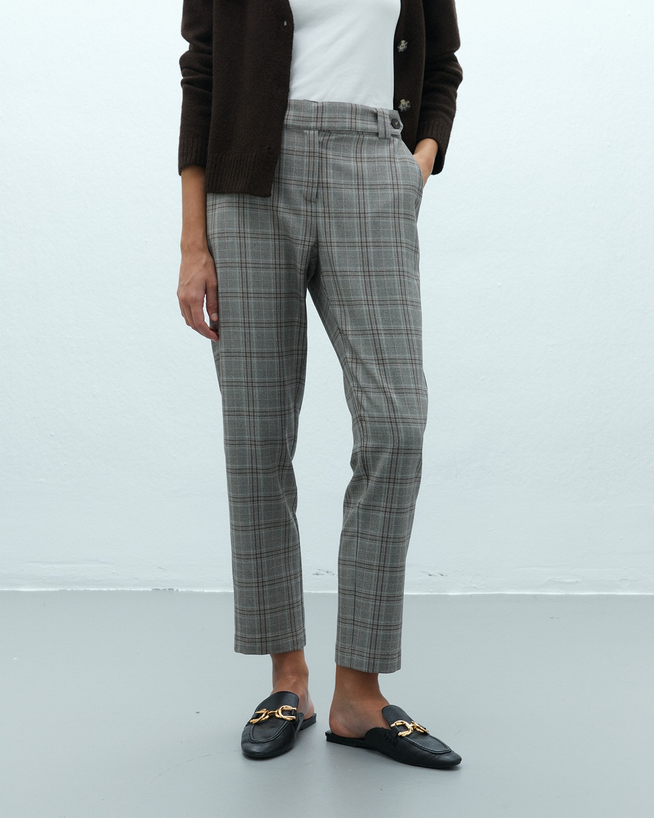 Pantalón recto de mujer estampado cuadros cintura elástica - Andam - Marrón Marrón-2