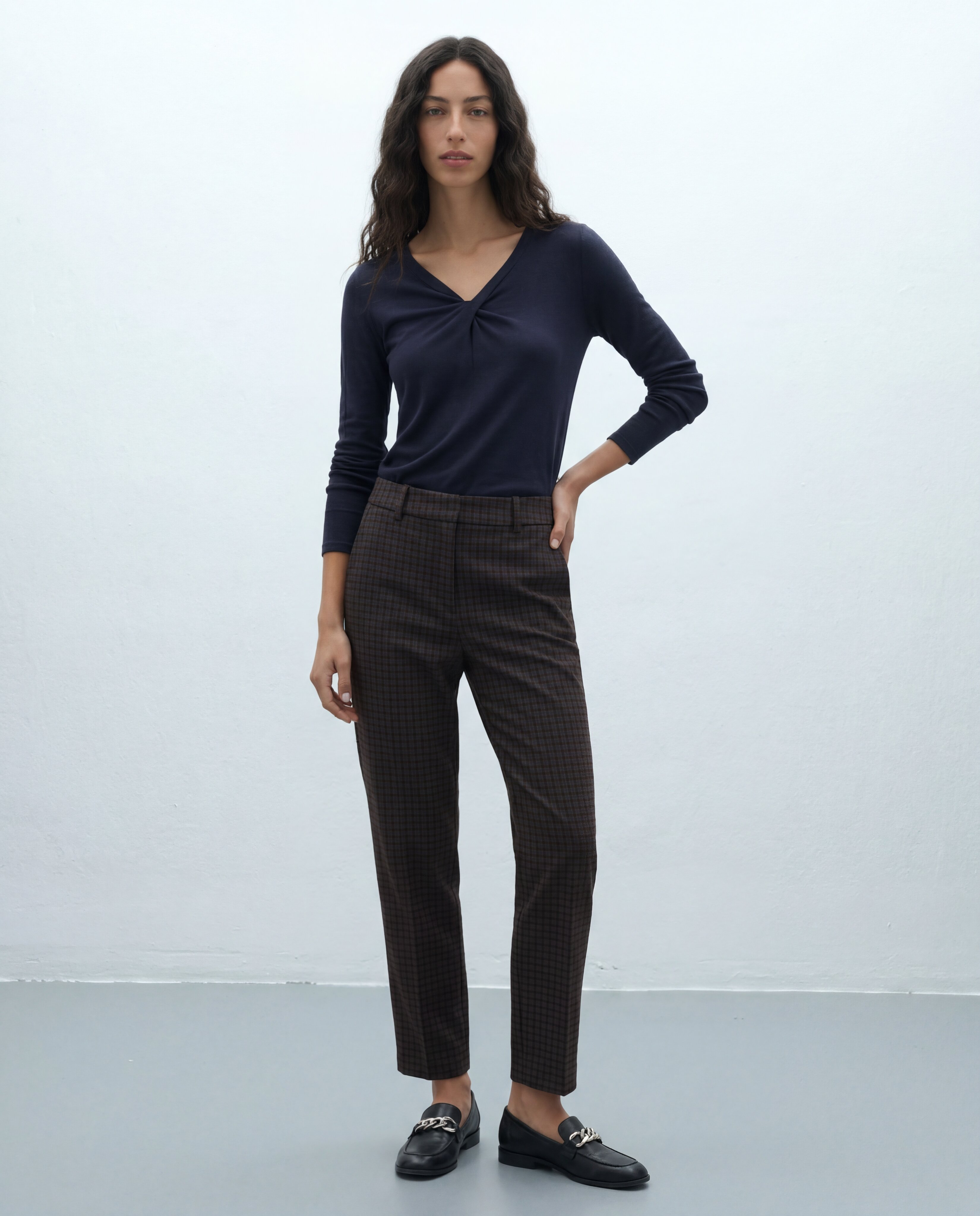 Pantalón barrel de mujer de punto estampado cuadro - Andam - Naranja Naranja-1