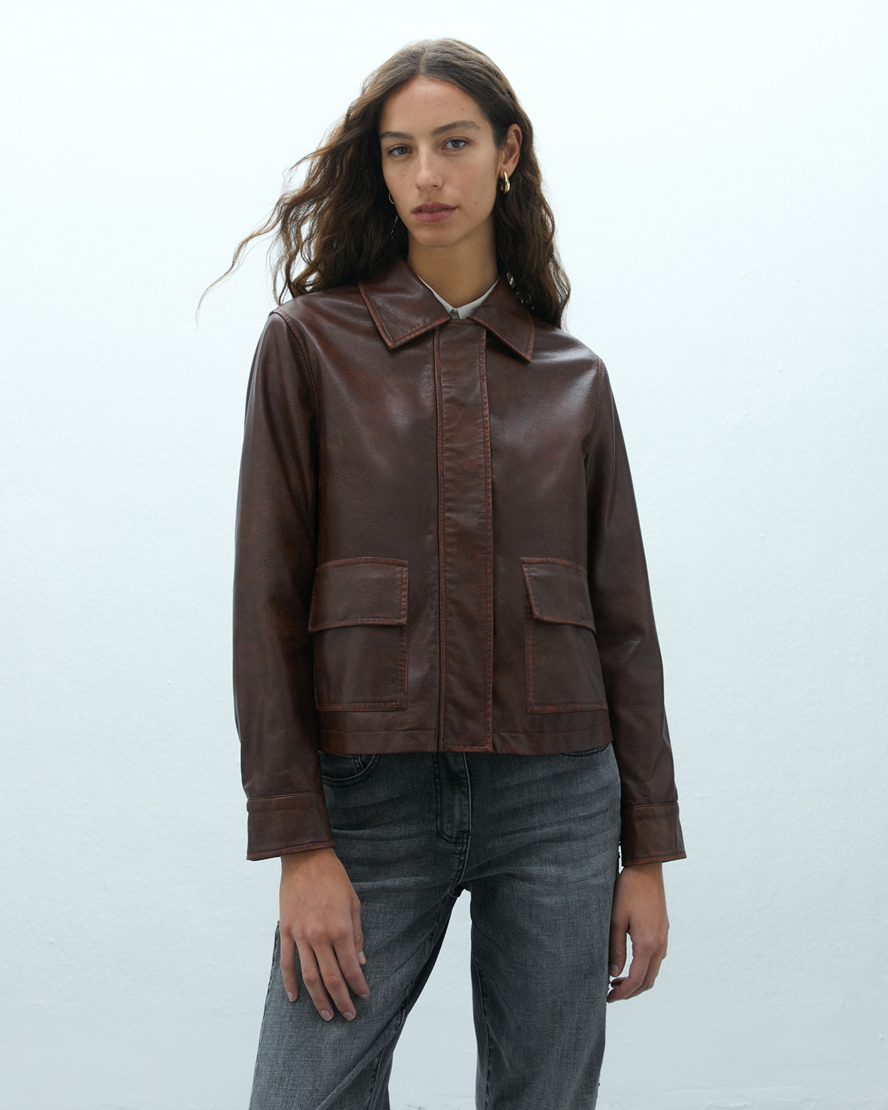 Chaqueta de mujer ecopiel bolsillos plastrón forrada - Andam - Marrón Marrón-2
