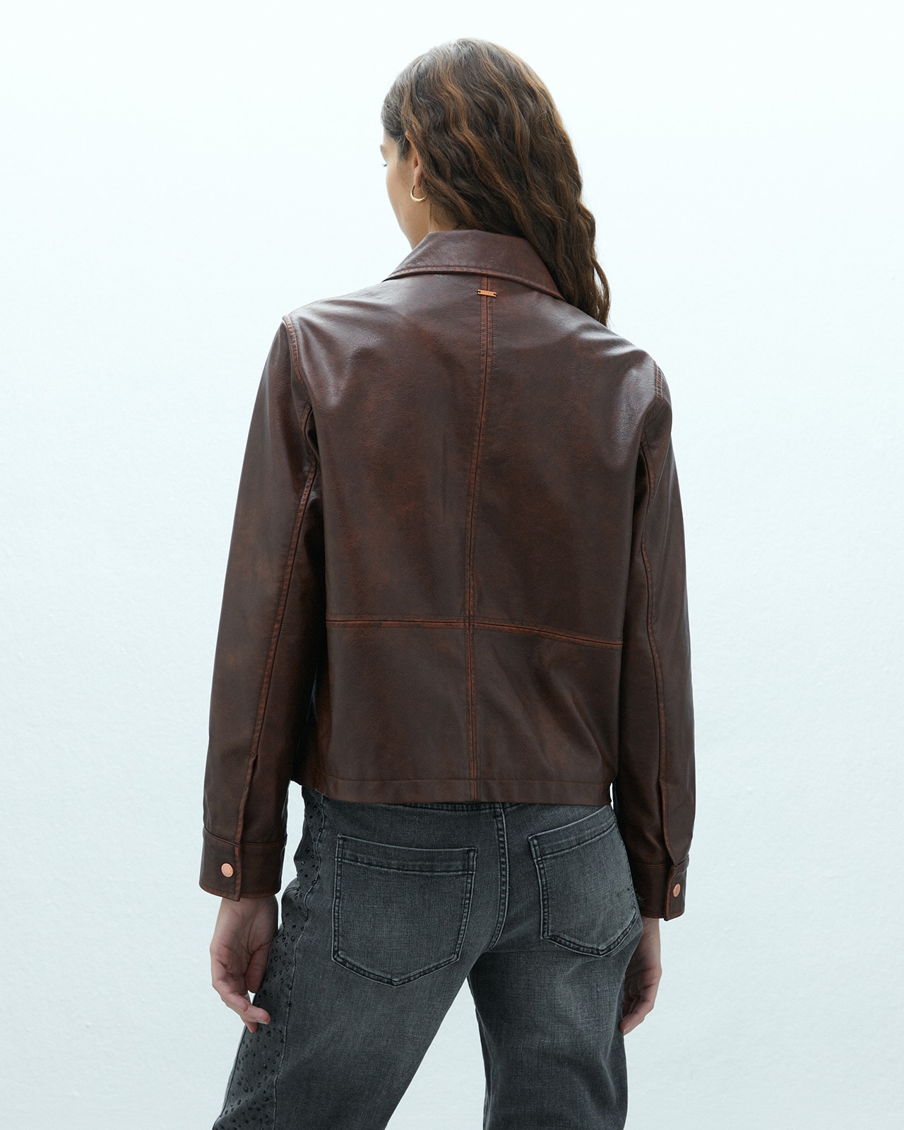 Chaqueta de mujer ecopiel bolsillos plastrón forrada - Andam - Marrón Marrón-3