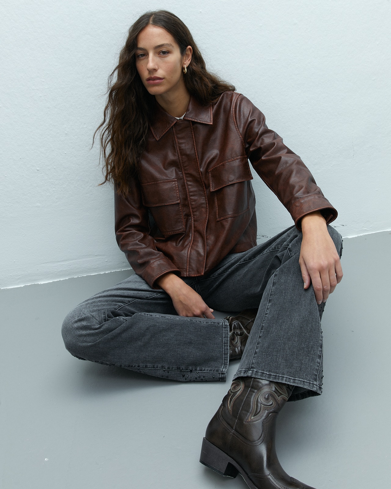 Chaqueta de mujer ecopiel bolsillos plastrón forrada - Andam - Marrón Marrón-4