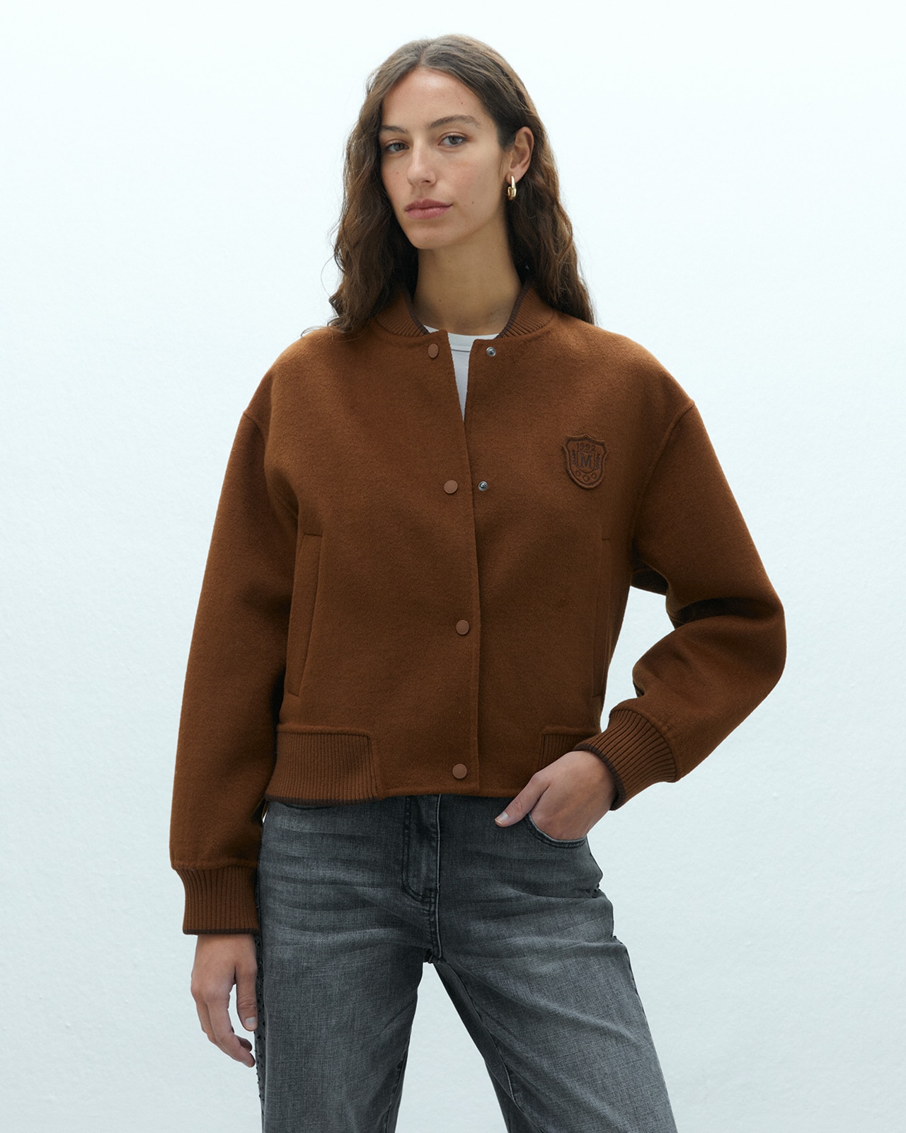 Cazadora de mujer bomber de paño - Andam - Marrón Marrón-2