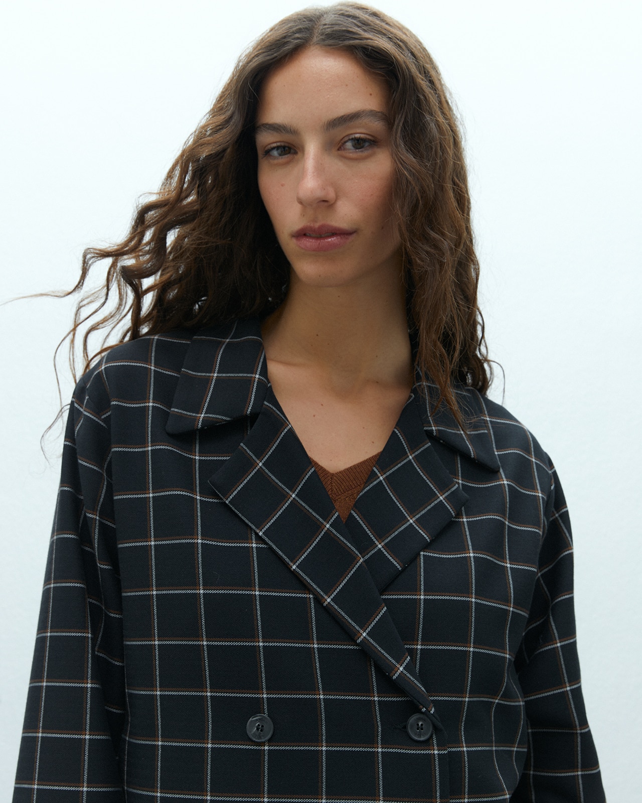 Blazer corta de mujer semicruzada estampada cuadros - Andam - Negro Negro-4