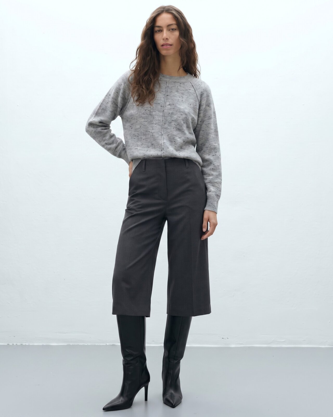 Jersey de mujer jaspeado escote redondo manga larga - Andam - Gris Gris-1
