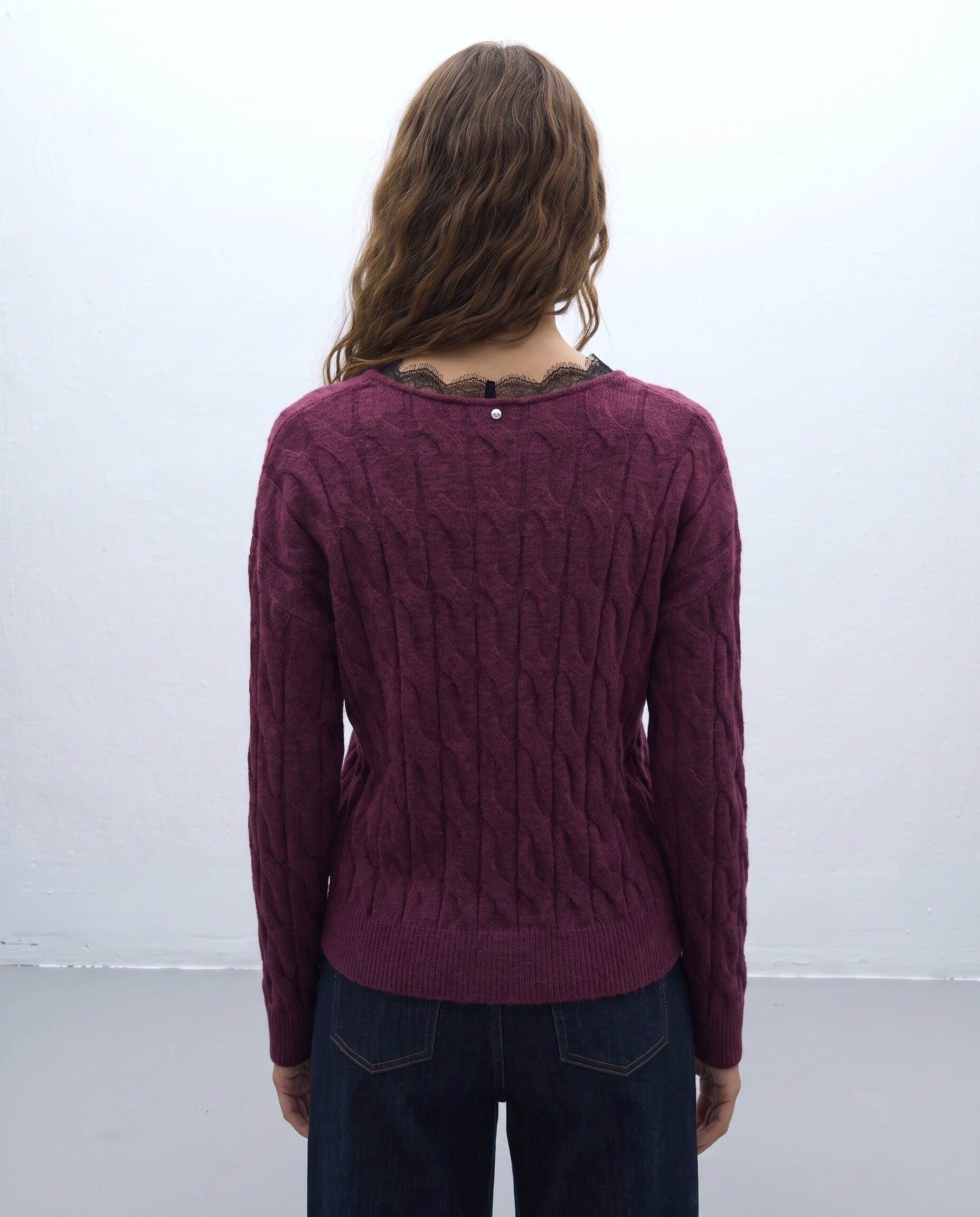 Jersey de mujer trenzado cuello pico puntilla escote - Andam - Burdeos Burdeos-3