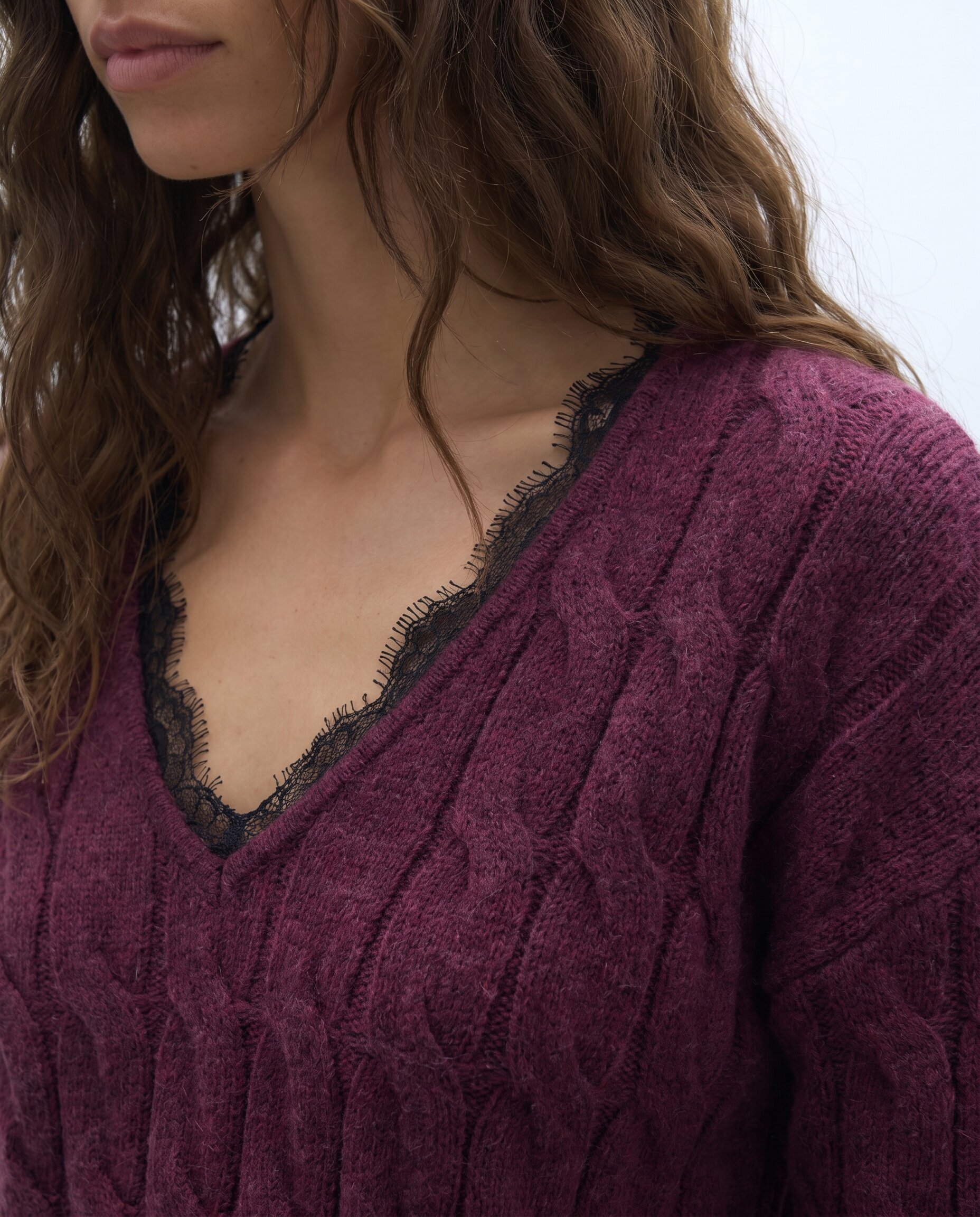 Jersey de mujer trenzado cuello pico puntilla escote - Andam - Burdeos Burdeos-5