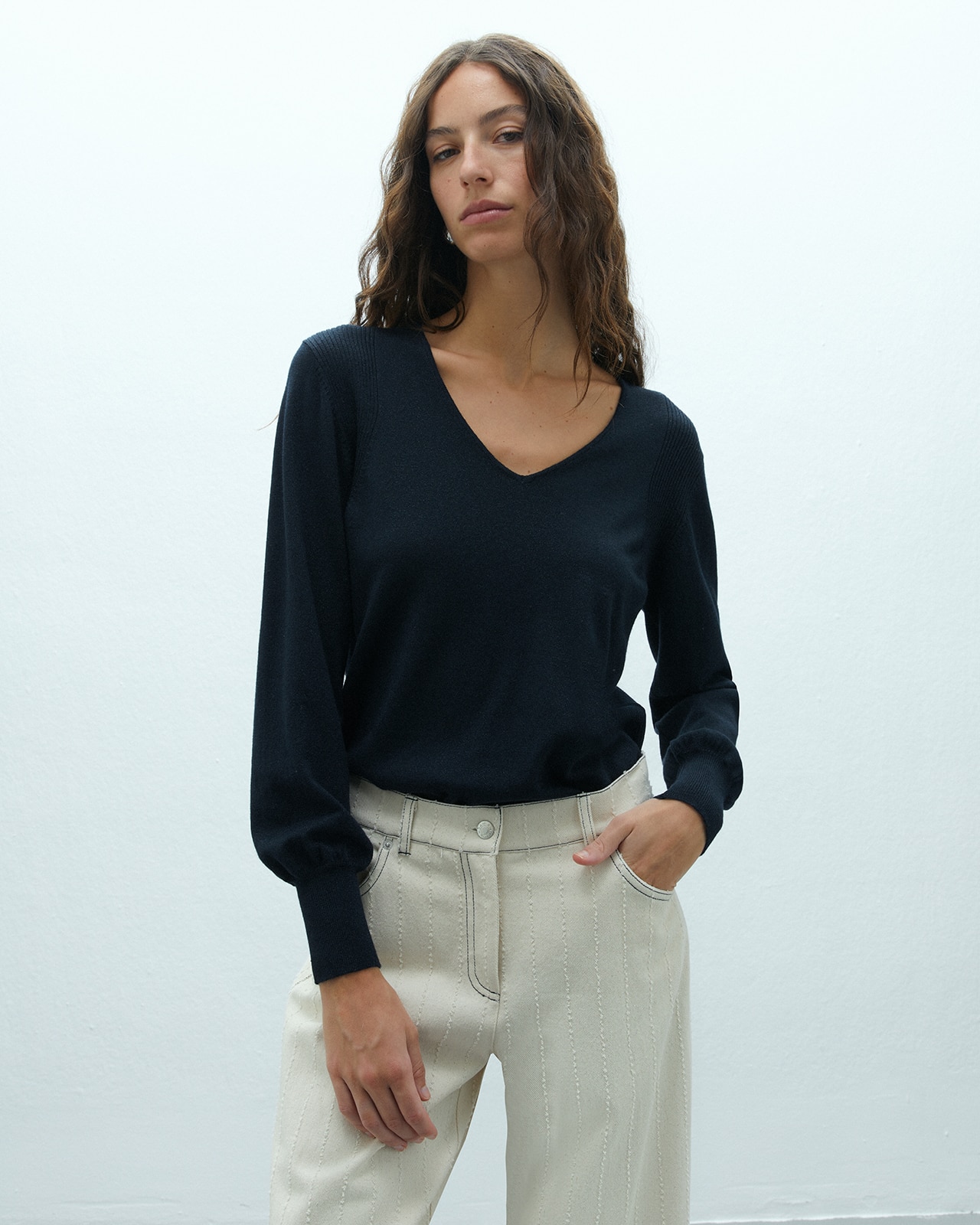 Jersey de mujer punto fino cuello pico - Andam - Azul marino Azul marino-2