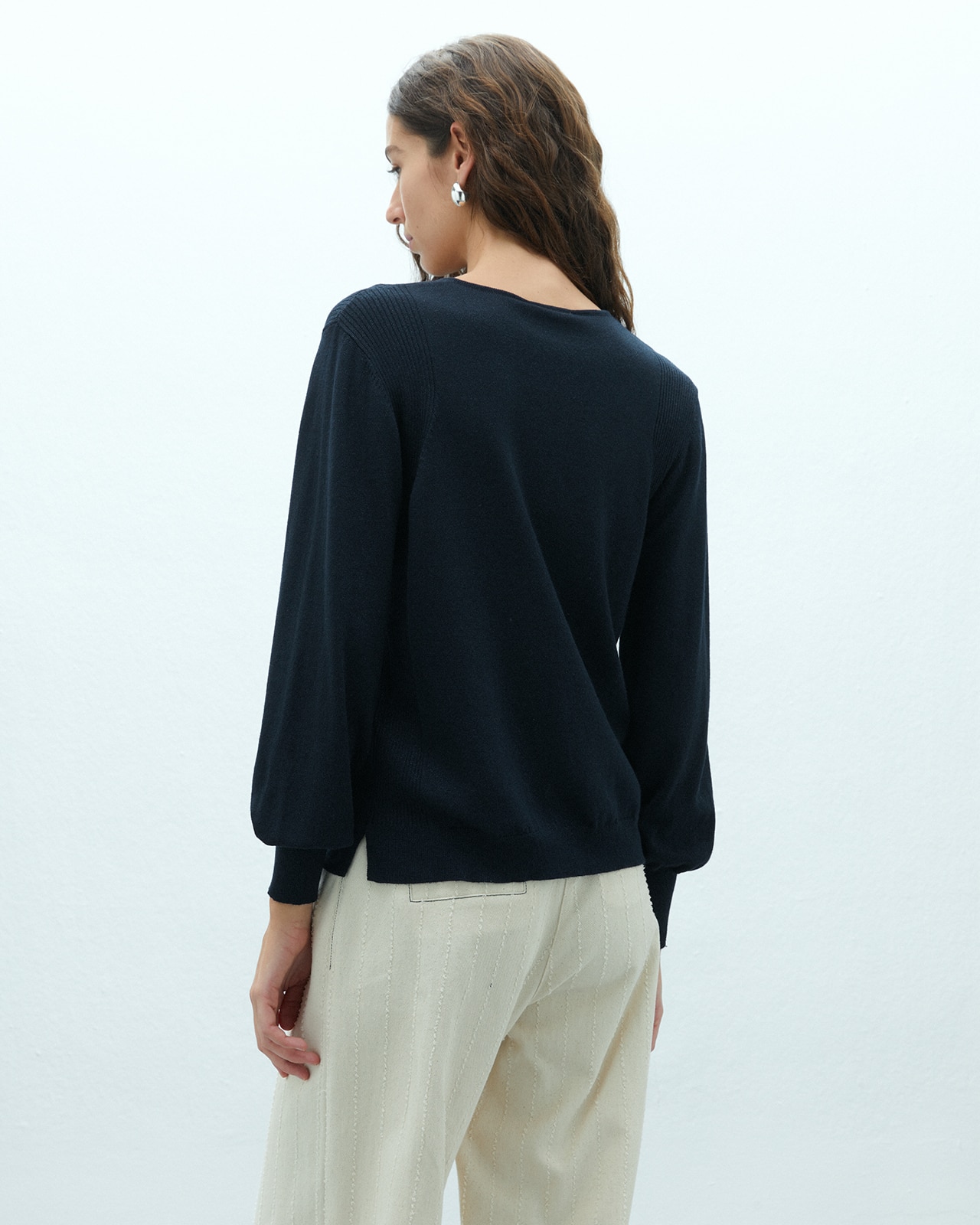 Jersey de mujer punto fino cuello pico - Andam - Azul marino Azul marino-3