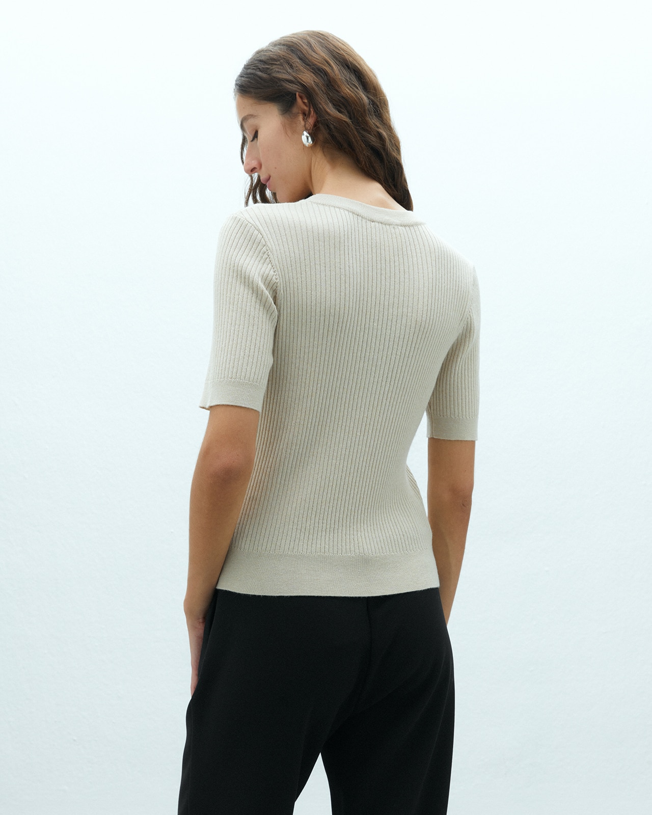 Jersey de mujer de punto canalé cuello redondo manga corta - Andam - Crudo Crudo-3