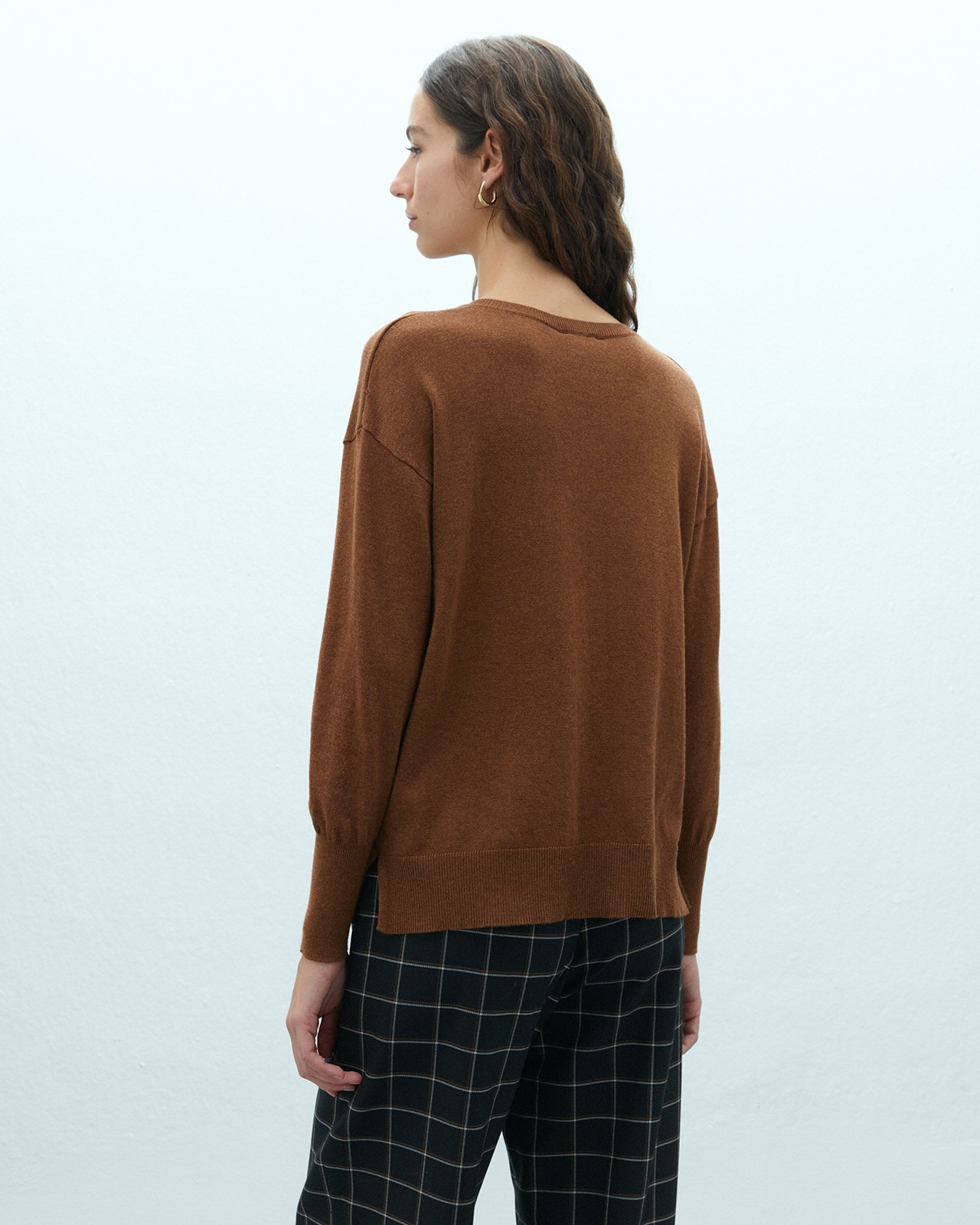 Jersey de mujer punto fino cuello pico manga larga - Andam - Marrón Marrón-3