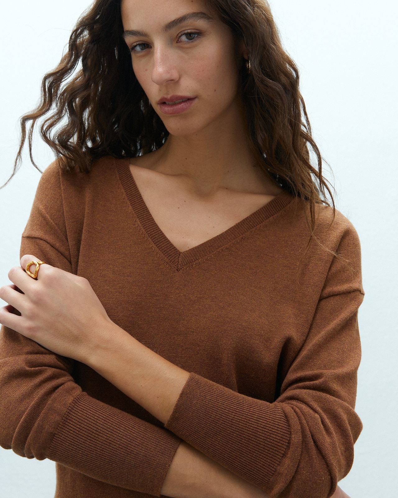 Jersey de mujer punto fino cuello pico manga larga - Andam - Marrón Marrón-4
