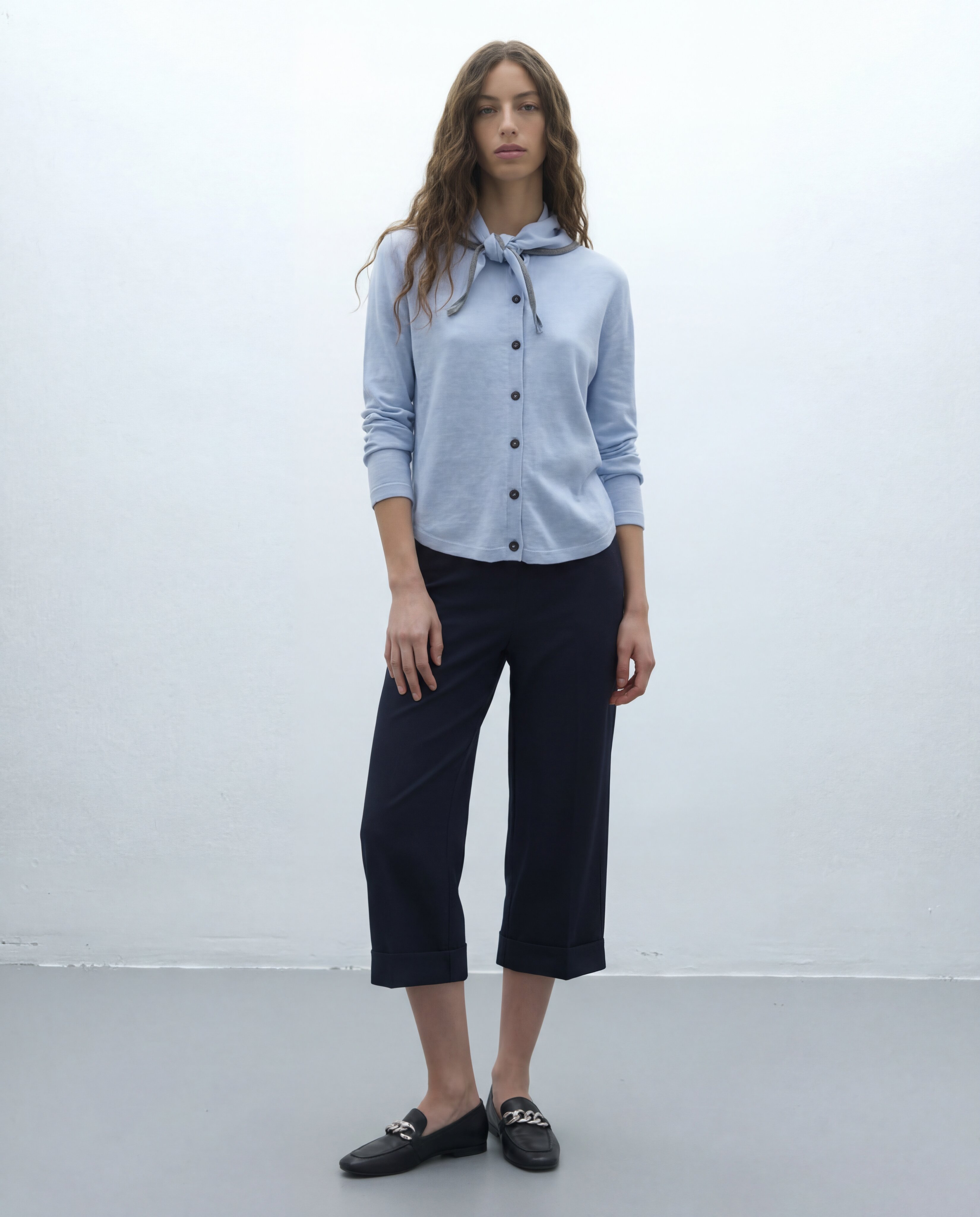 Cardigán de mujer punto fino cuello redondo manga larga - Andam - Azul Azul-1