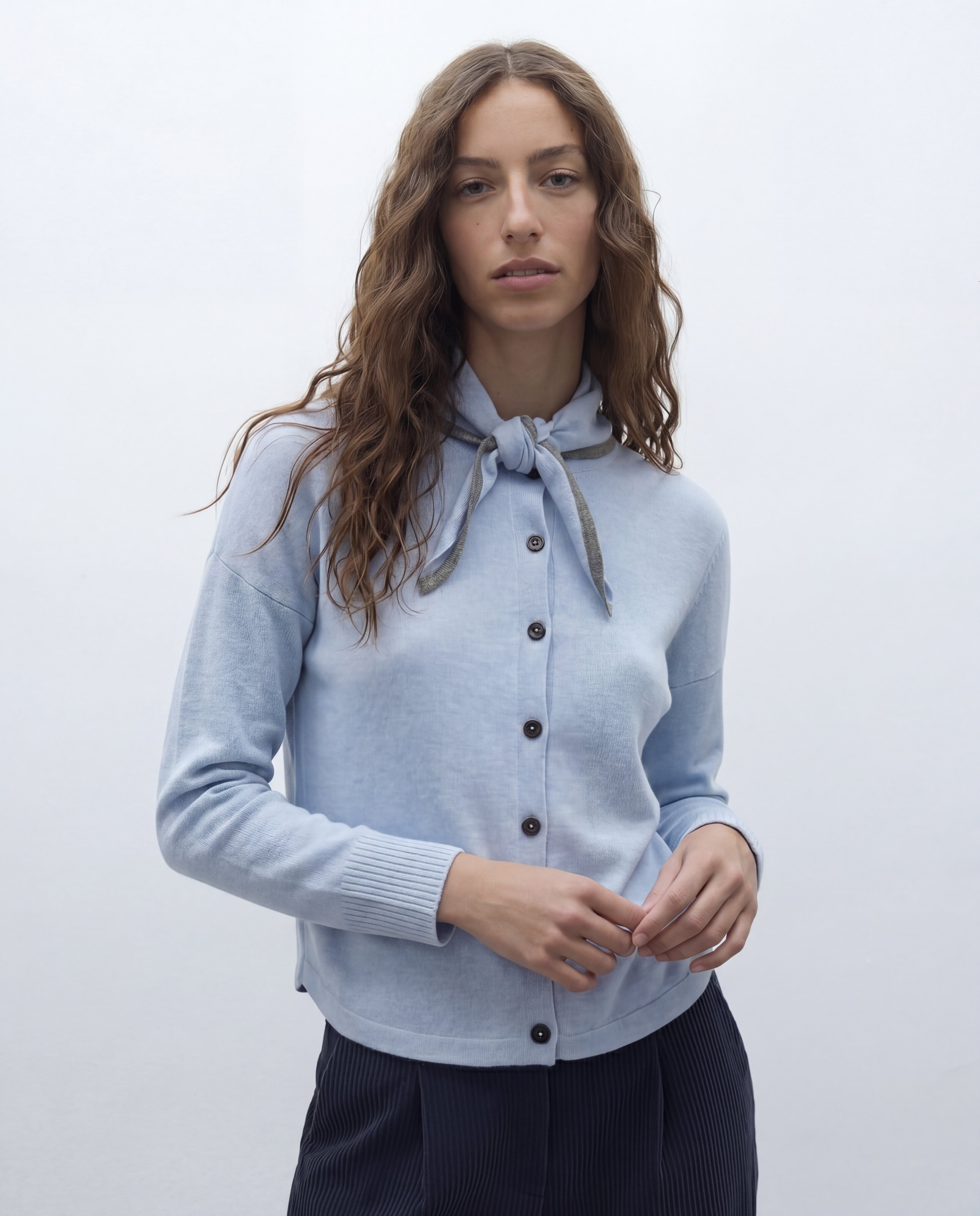 Cardigán de mujer punto fino cuello redondo manga larga - Andam - Azul Azul-2