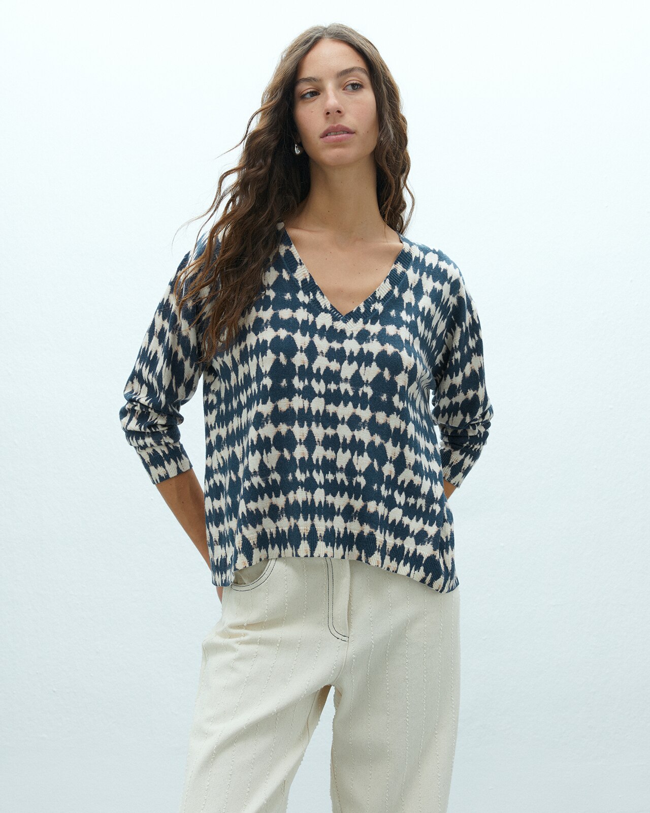 Jersey de mujer de punto fino estampado cuello pico - Andam - Azul Azul-2