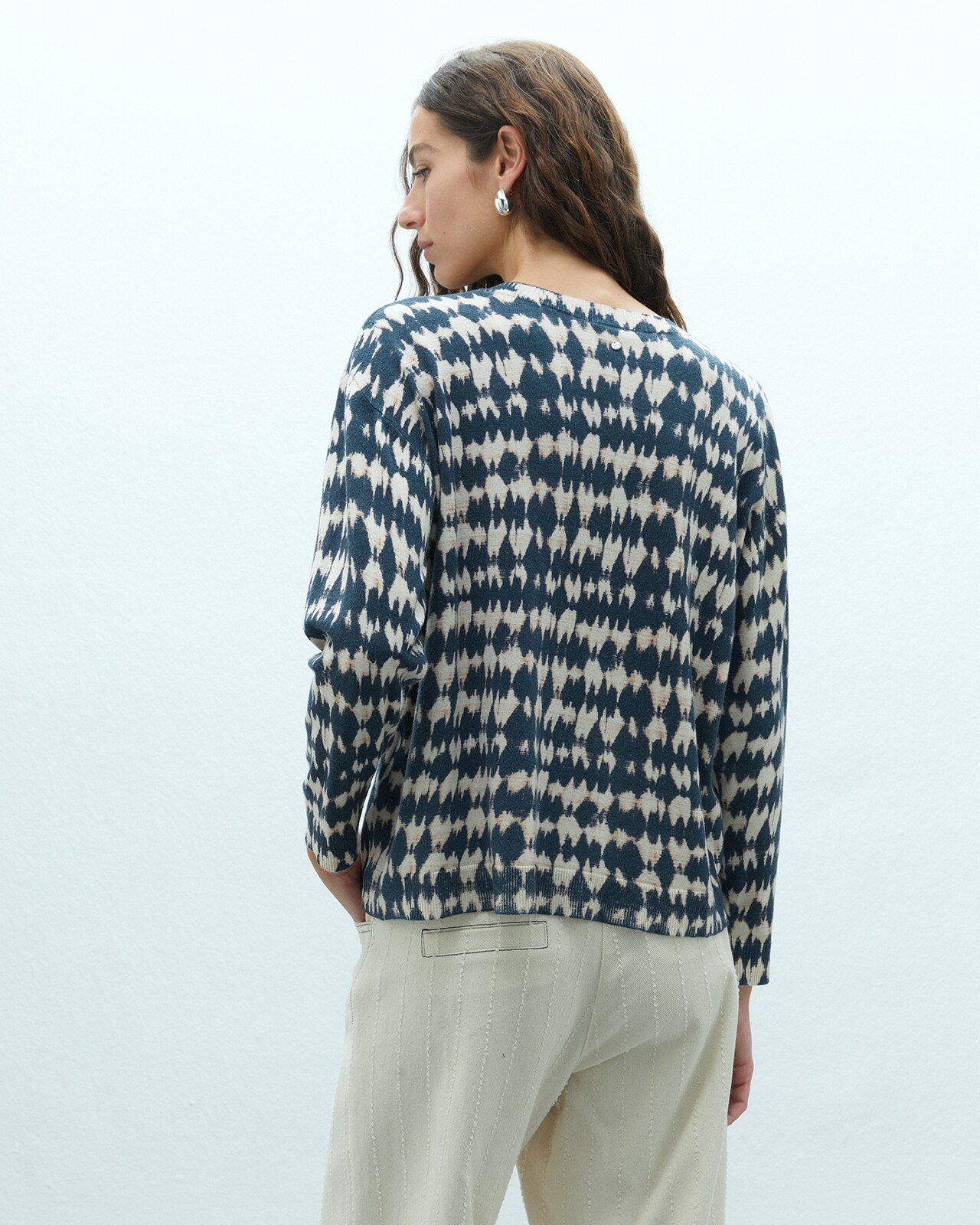 Jersey de mujer de punto fino estampado cuello pico - Andam - Azul Azul-3