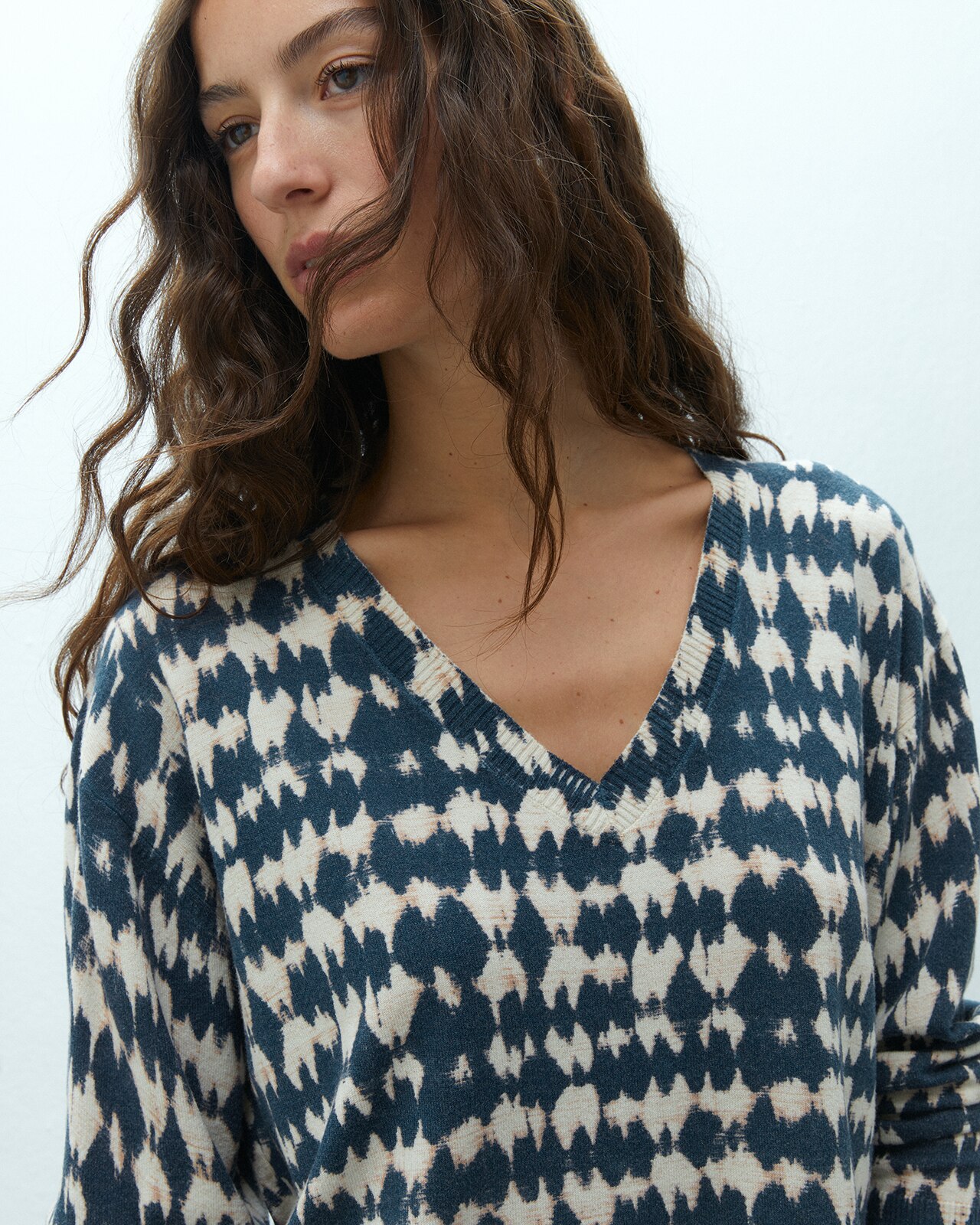 Jersey de mujer de punto fino estampado cuello pico - Andam - Azul Azul-4