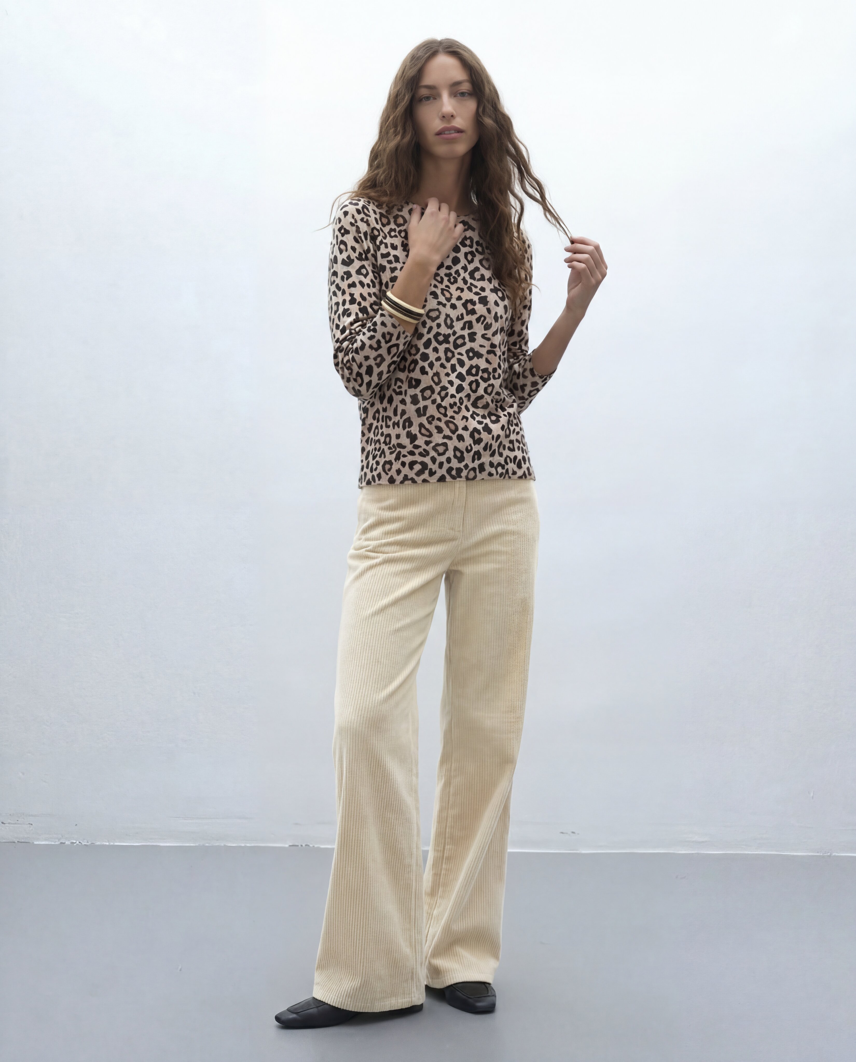 Jersey de punto fino estampado cuello redondo manga larga - Andam - Beige Beige-1