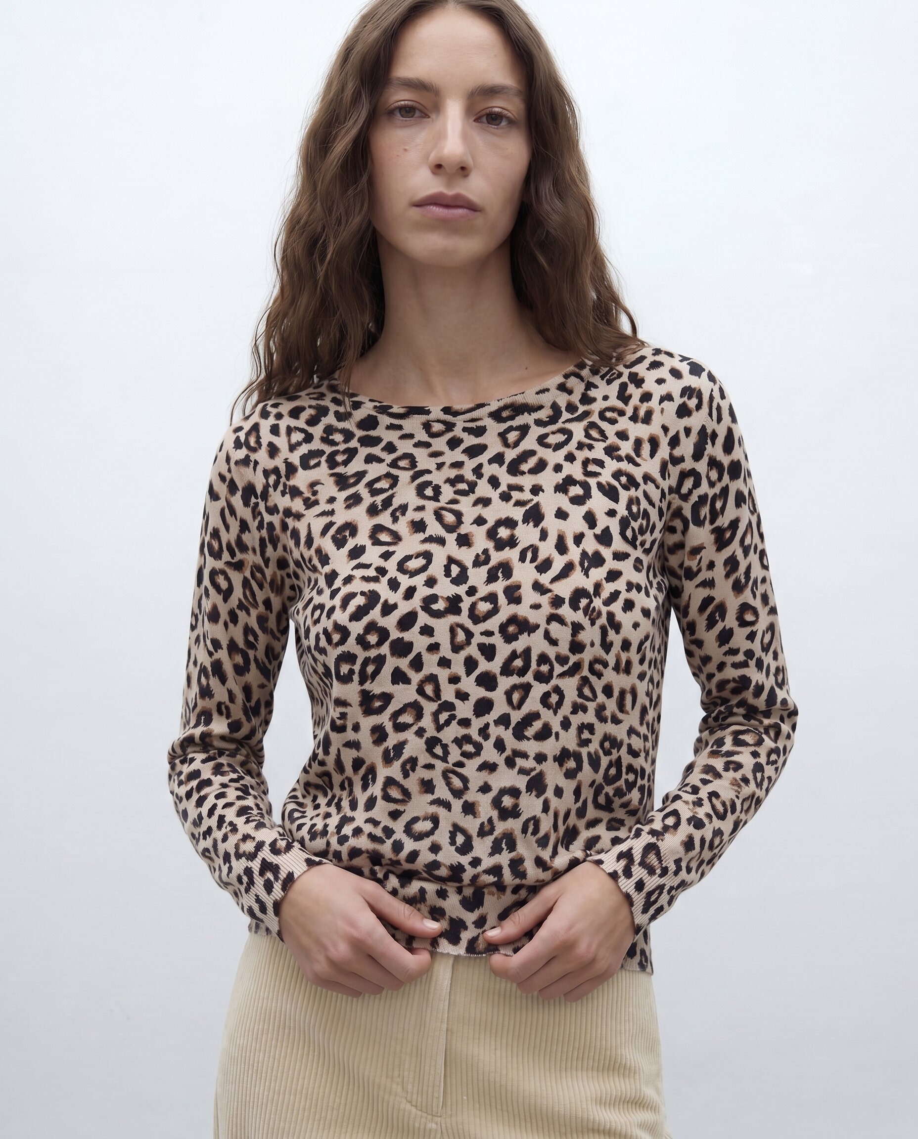Jersey de punto fino estampado cuello redondo manga larga - Andam - Beige Beige-2
