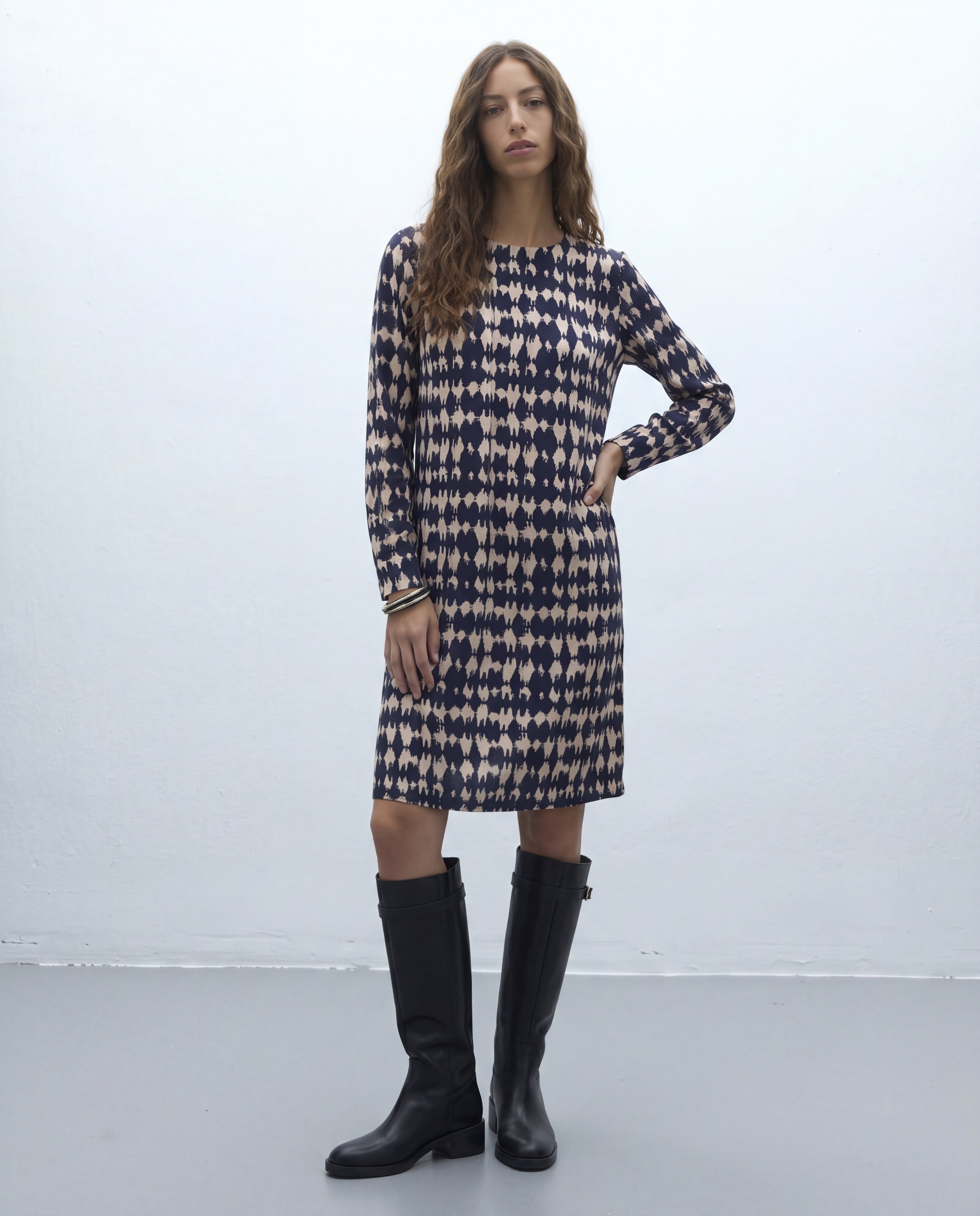 Vestido midi de punto estampado - Andam - Azul Azul-1