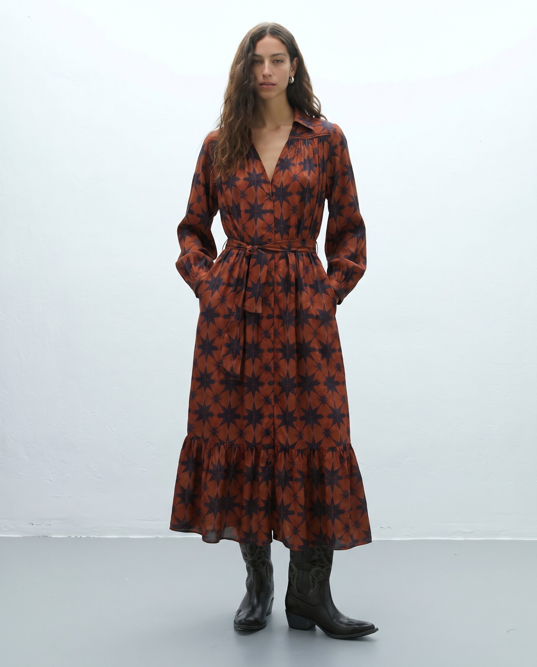 Vestido largo camisero estampado geométrico - Andam - Naranja Naranja-1