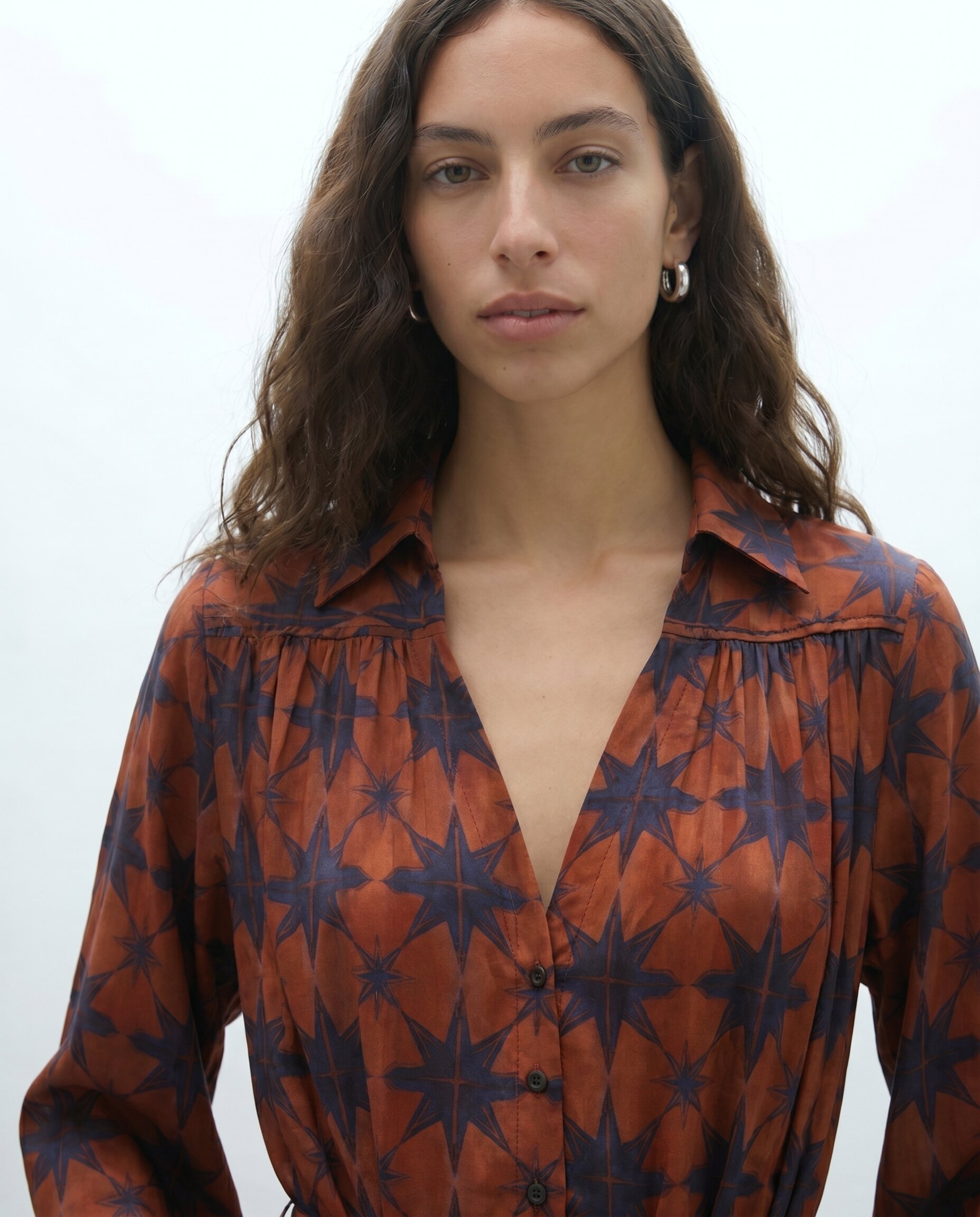 Vestido largo camisero estampado geométrico - Andam - Naranja Naranja-2