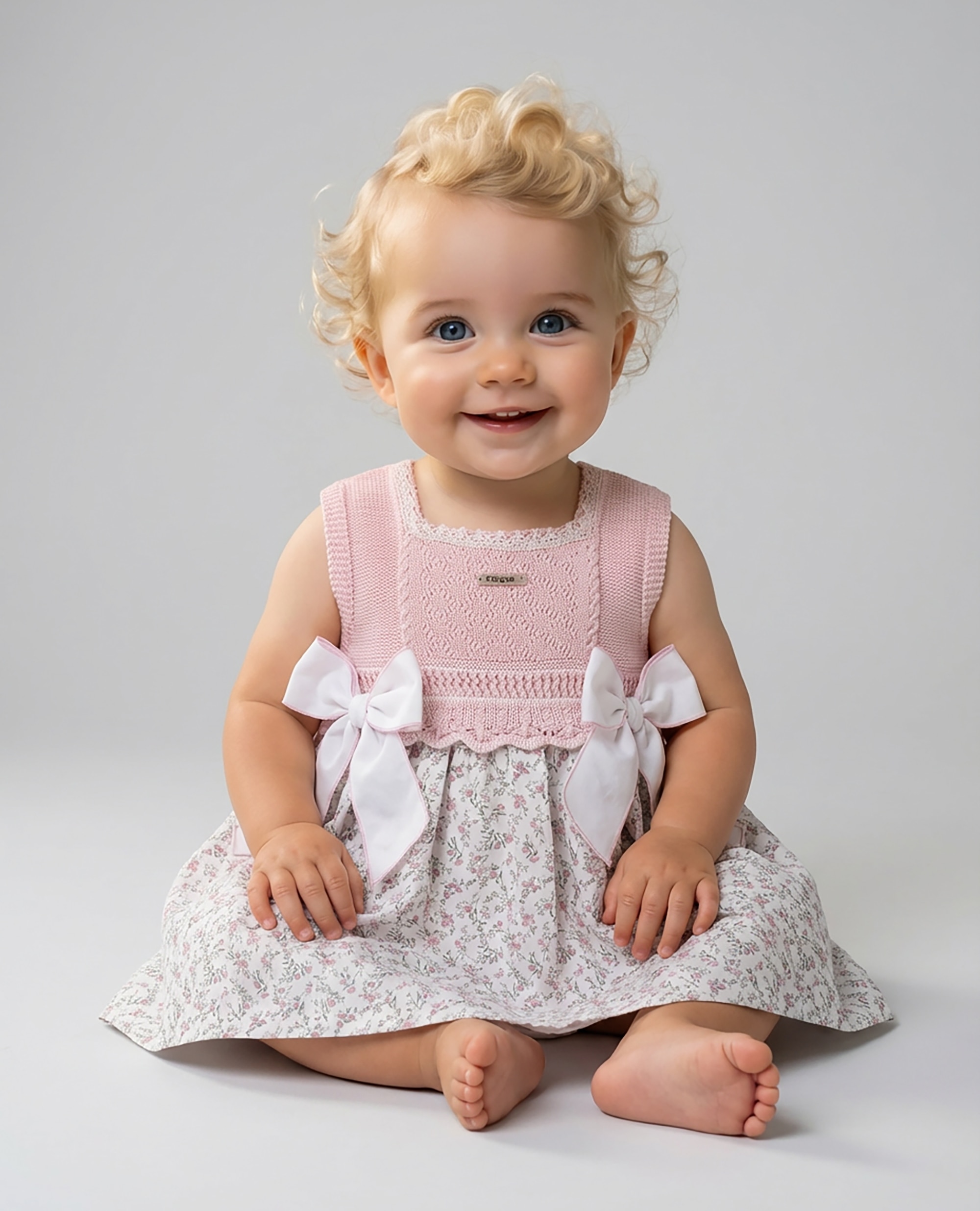 Imagen 0 de Vestido de bebé niña de punto y tela de algodón Rosa / Blanco