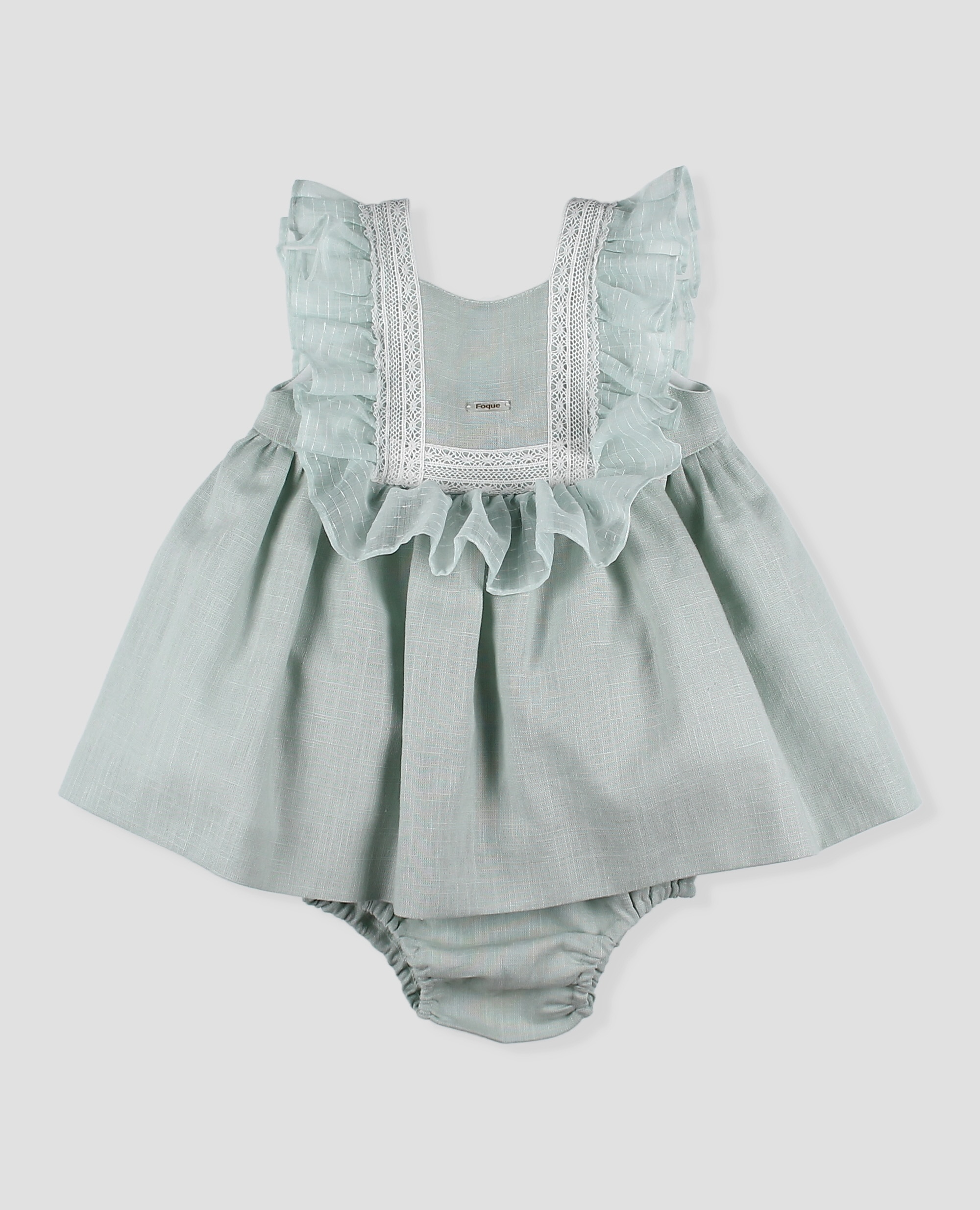 Vestido de lino de bebé niña con volante de gasa y puntilla - Foque - Verde Agua Verde Agua-3