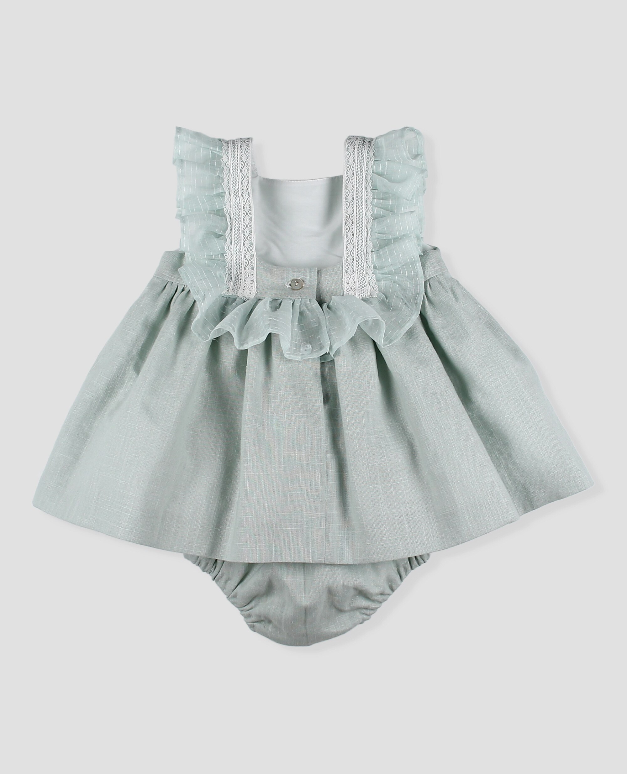 Vestido de lino de bebé niña con volante de gasa y puntilla - Foque - Verde Agua Verde Agua-2