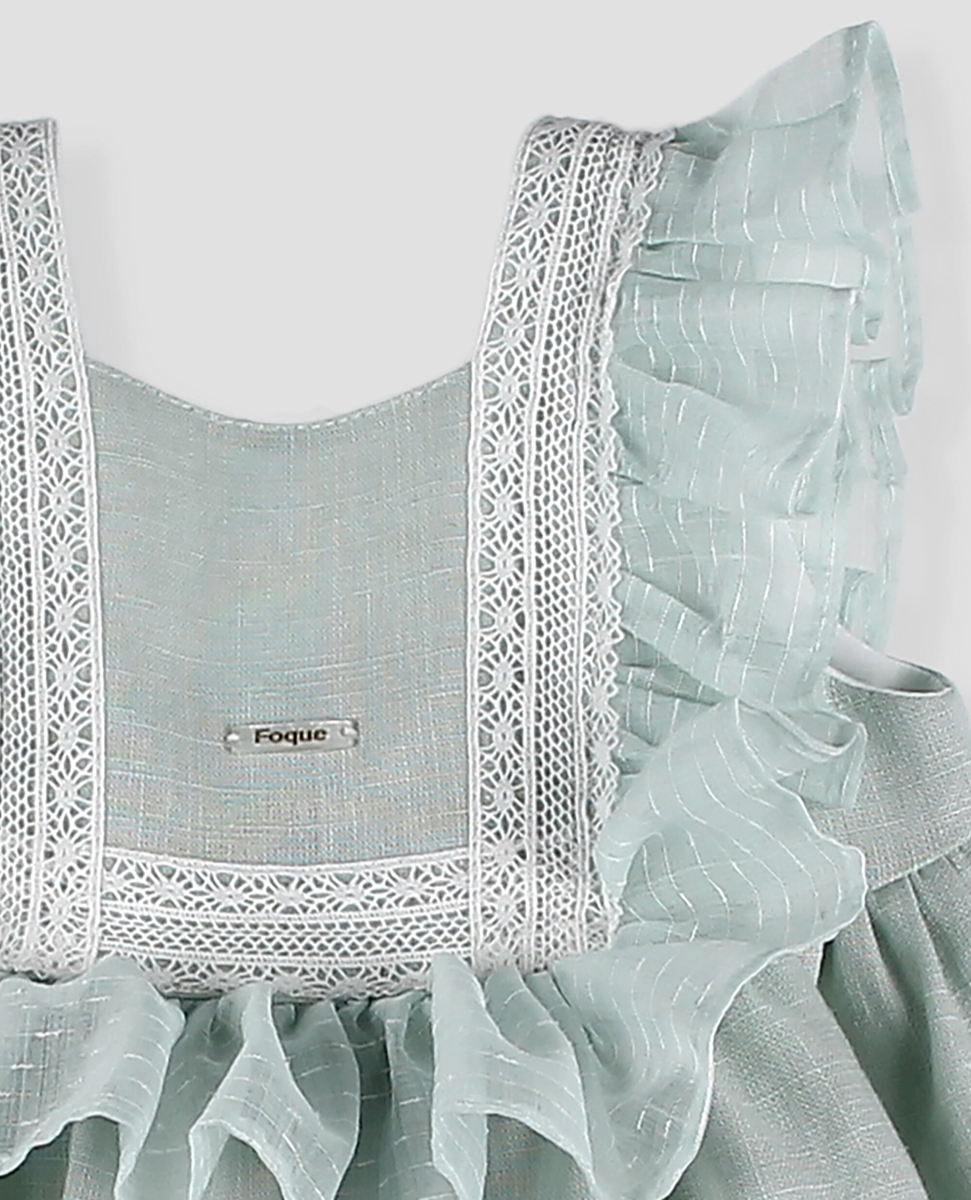 Vestido de lino de bebé niña con volante de gasa y puntilla - Foque - Verde Agua Verde Agua-4