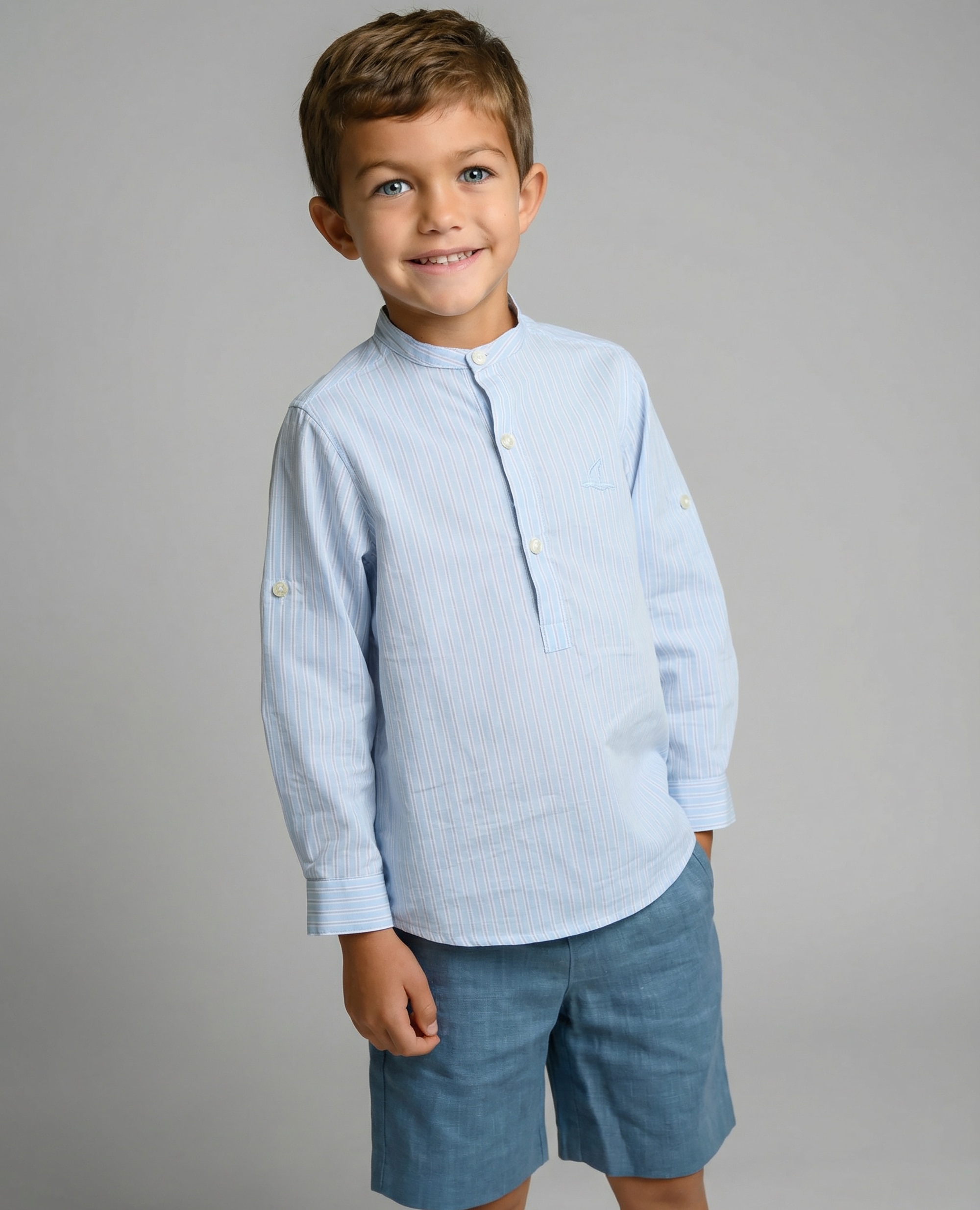 Pantalones cortos de niño de lino con bolsillos - Foque - Azul denim Azul denim-1