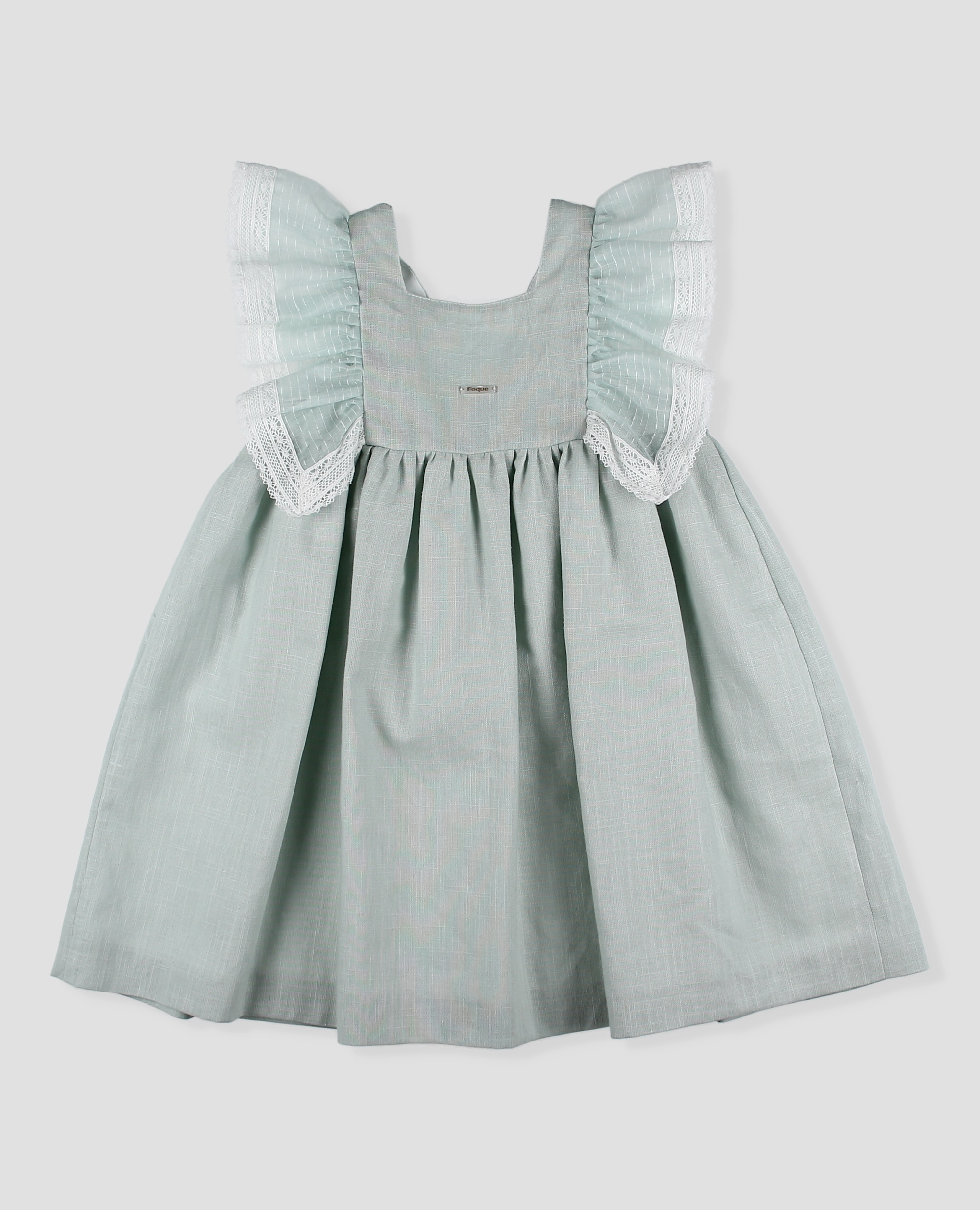 Vestido de lino de niña con volante de gasa - Foque - Verde Agua Verde Agua-3
