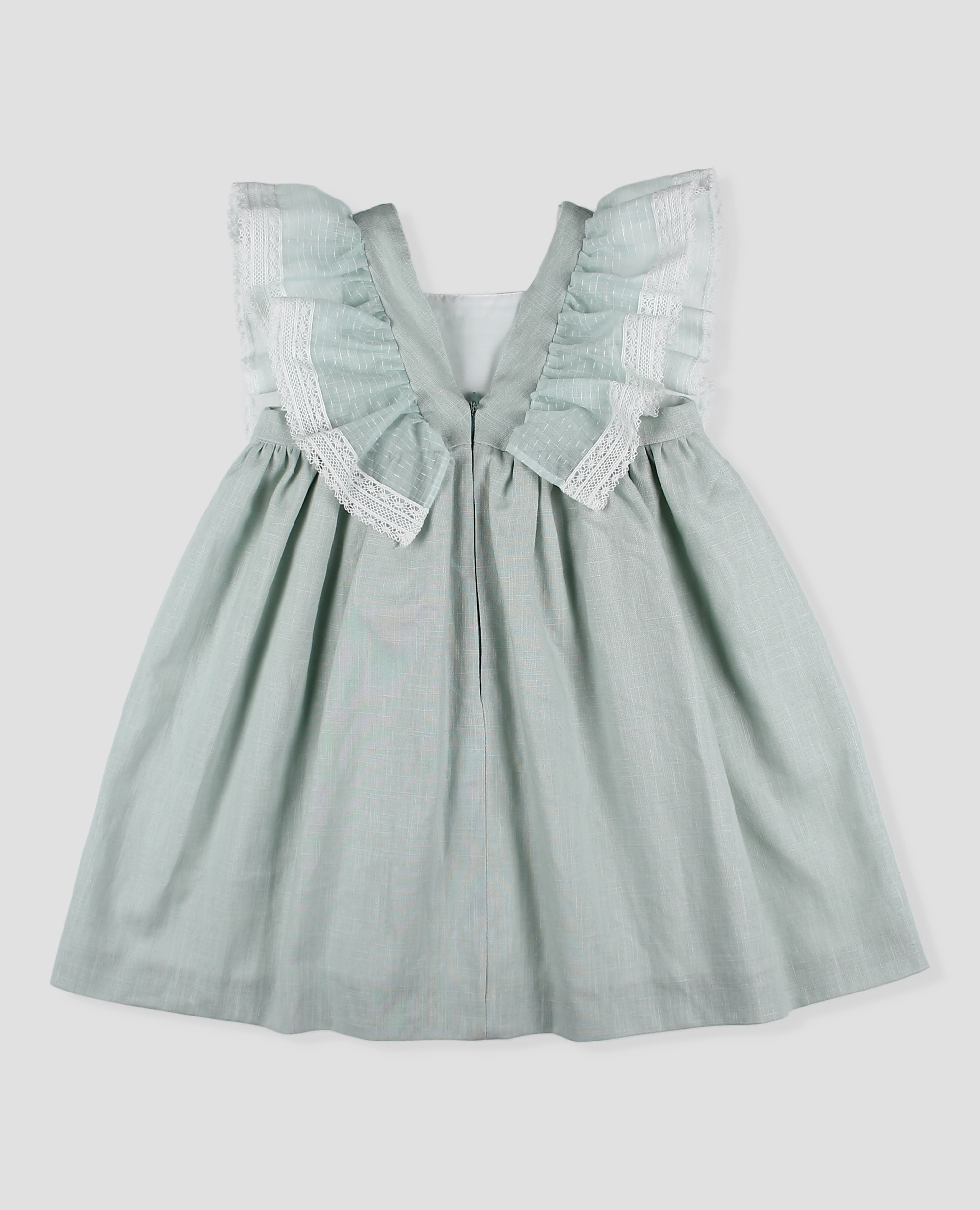 Vestido de lino de niña con volante de gasa - Foque - Verde Agua Verde Agua-2