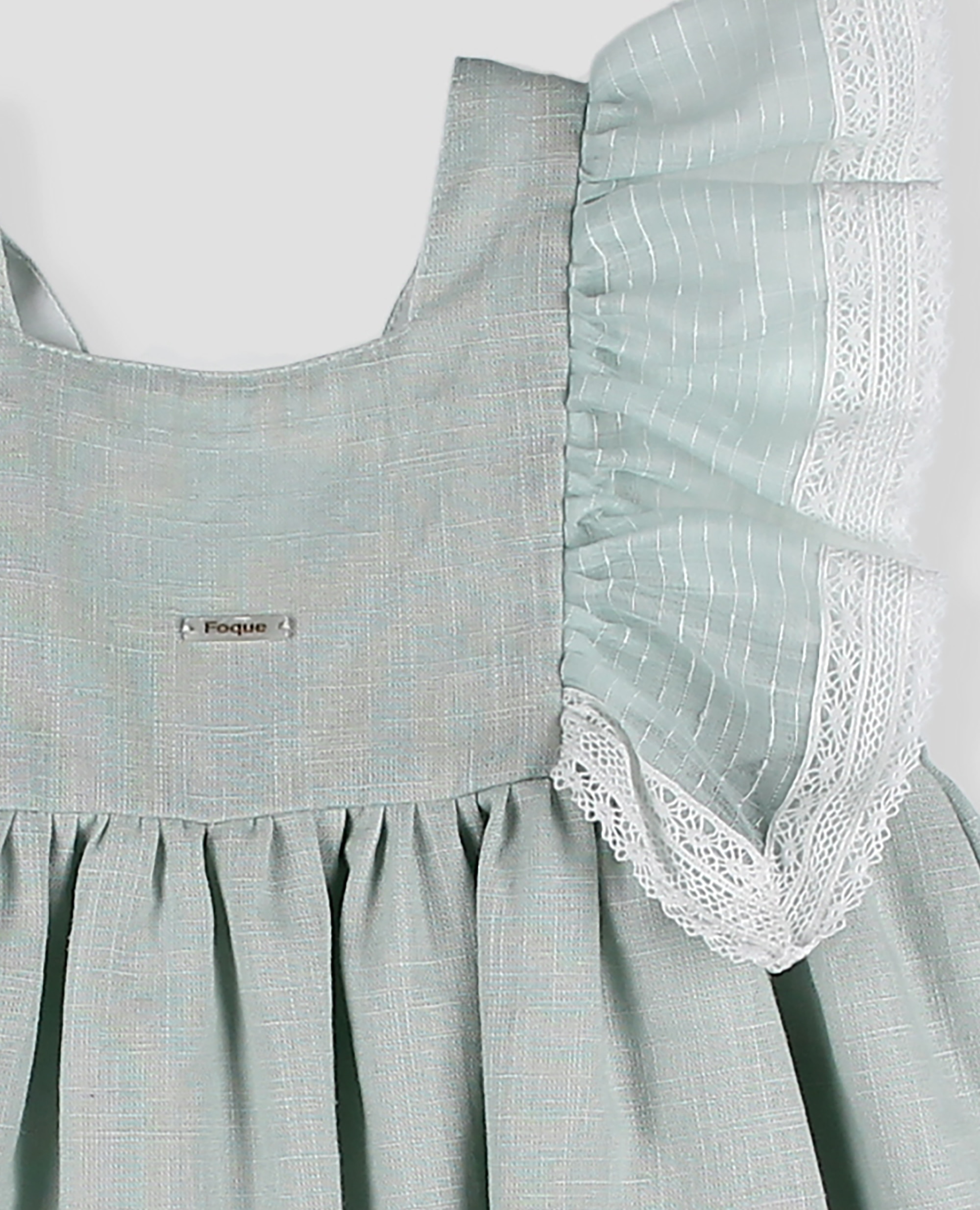 Vestido de lino de niña con volante de gasa - Foque - Verde Agua Verde Agua-4