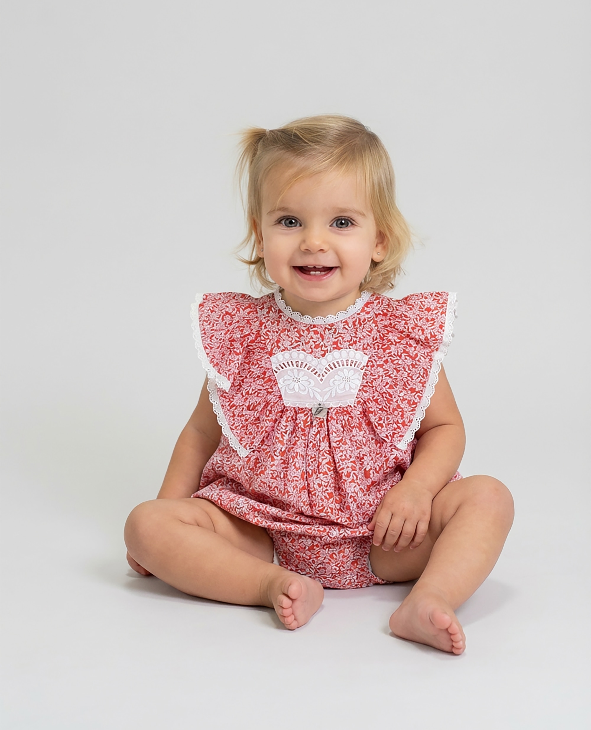 Imagen 0 de Pelele estampado flores de bebé niña de algodón con tira bordada Rojo / Blanco