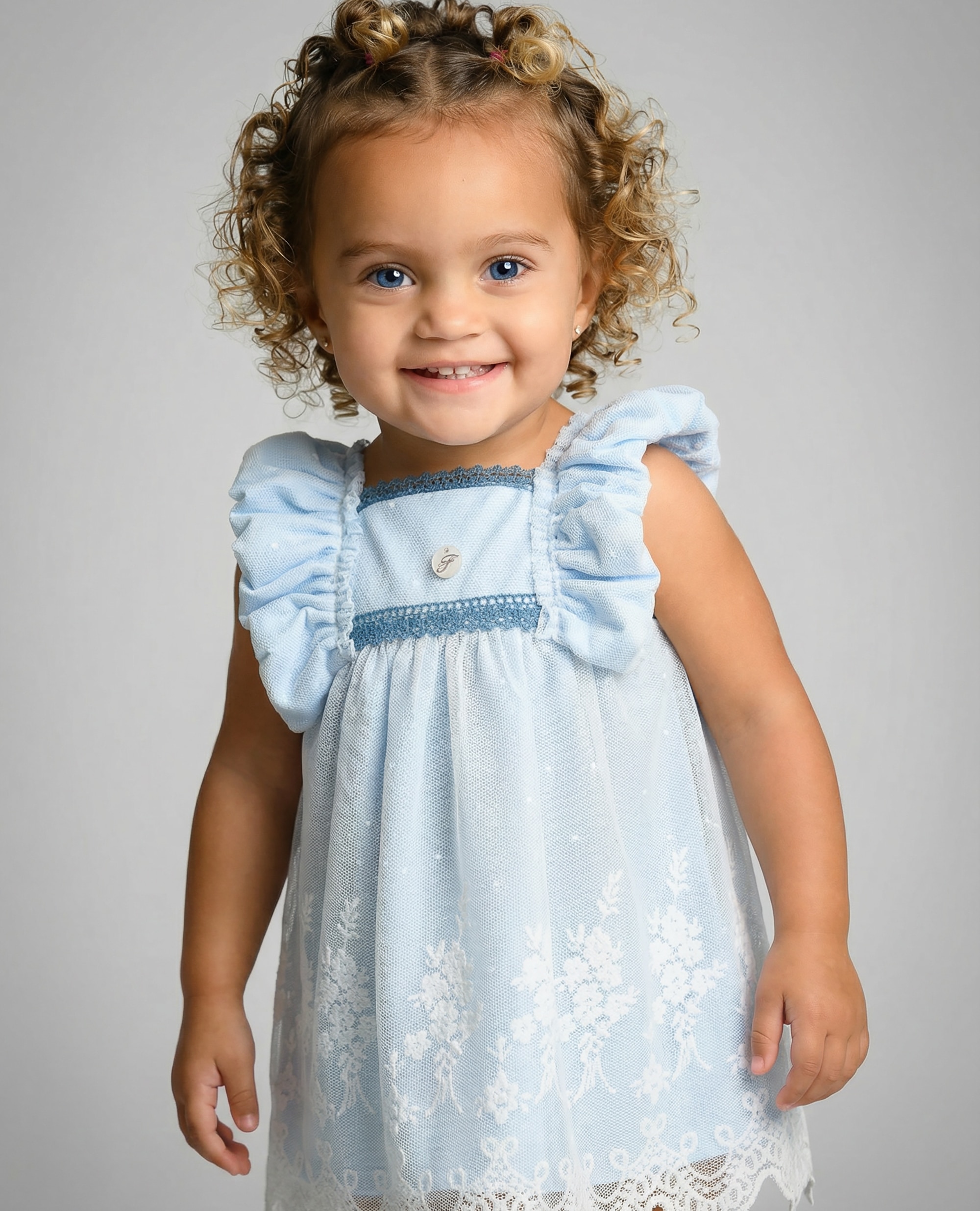 Imagen 0 de Vestido de tul bordado y puntilla de bebé niña con manga volante Azul claro