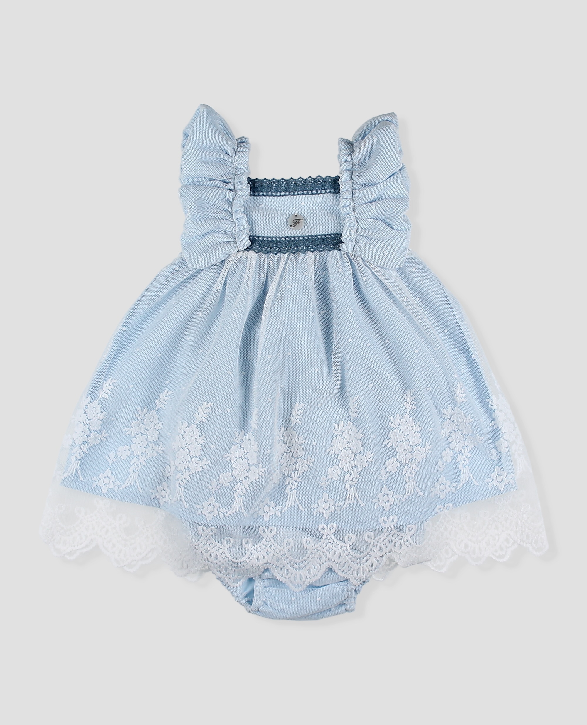 Vestido de tul bordado y puntilla de bebé niña con manga volante - Foque - Azul claro Azul claro-3