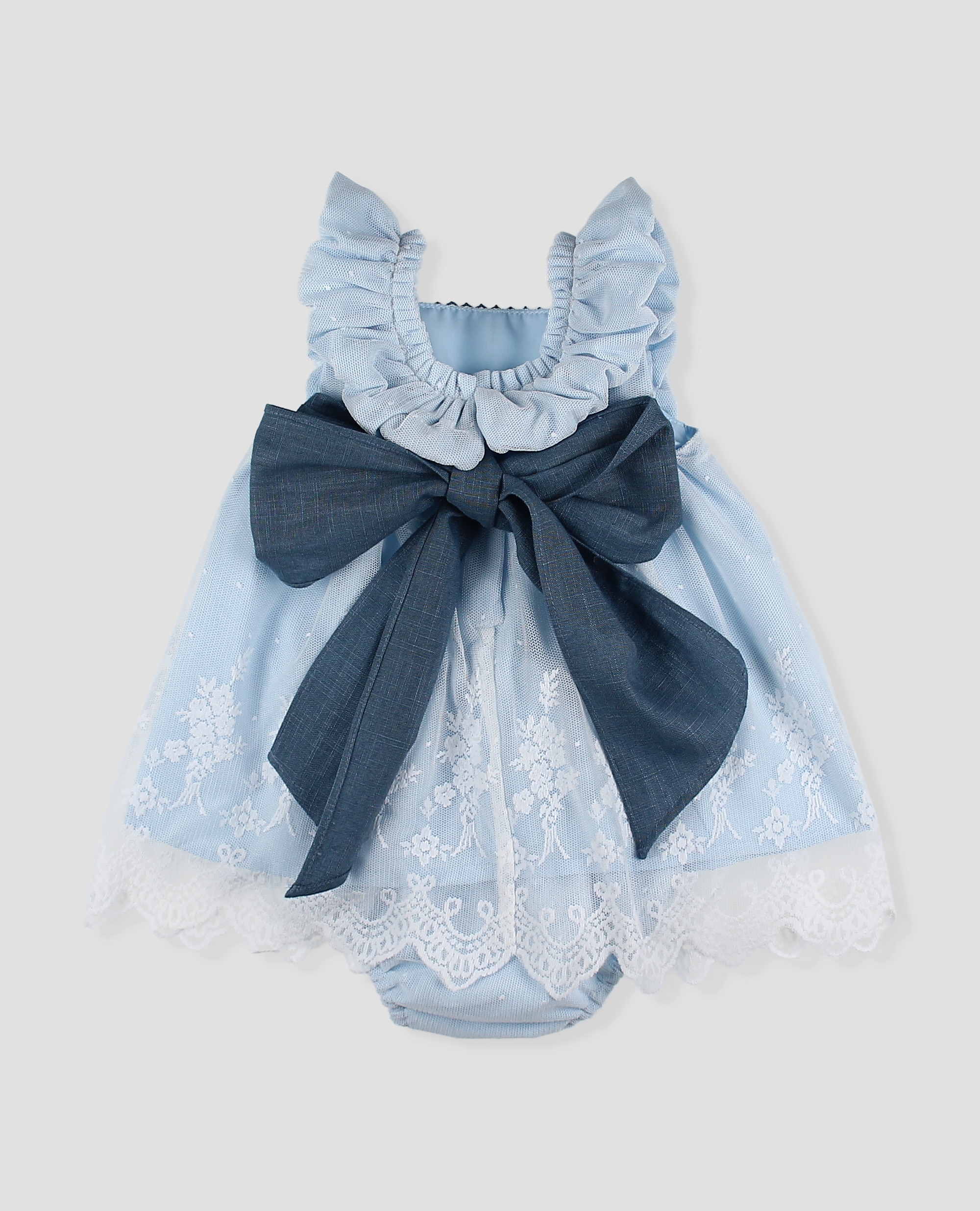 Vestido de tul bordado y puntilla de bebé niña con manga volante - Foque - Azul claro Azul claro-2