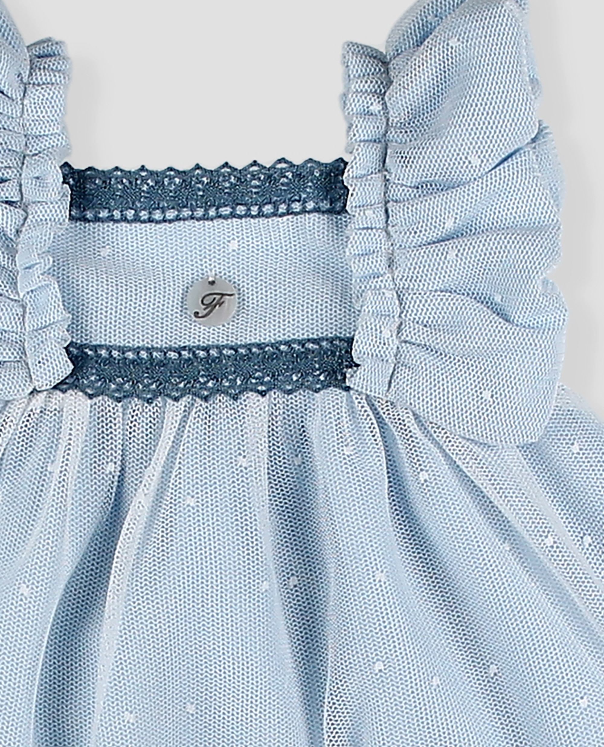 Vestido de tul bordado y puntilla de bebé niña con manga volante - Foque - Azul claro Azul claro-4