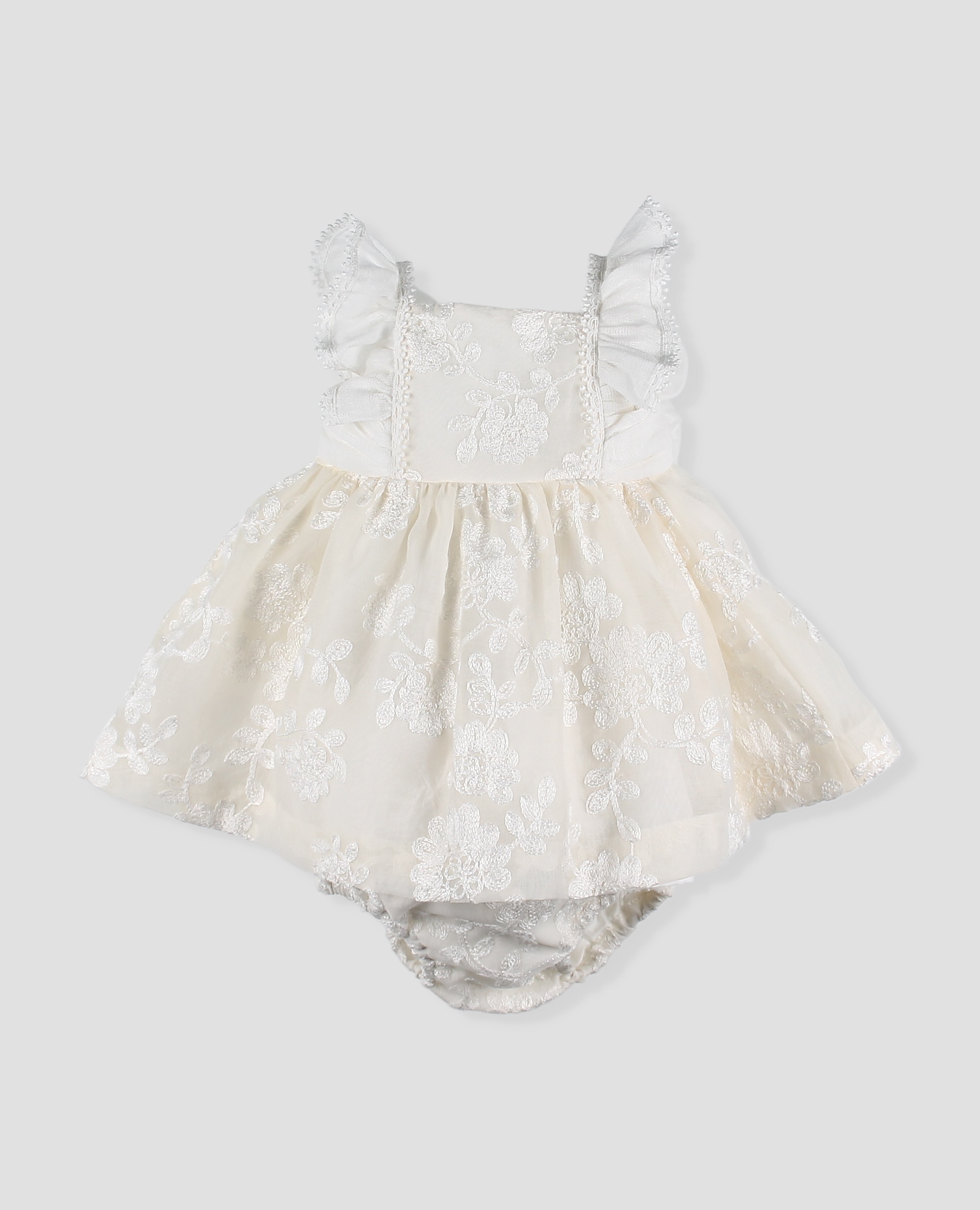 Vestido de gasa bordada de bebé niña con volantes de lino - Foque - Crudo Crudo-3