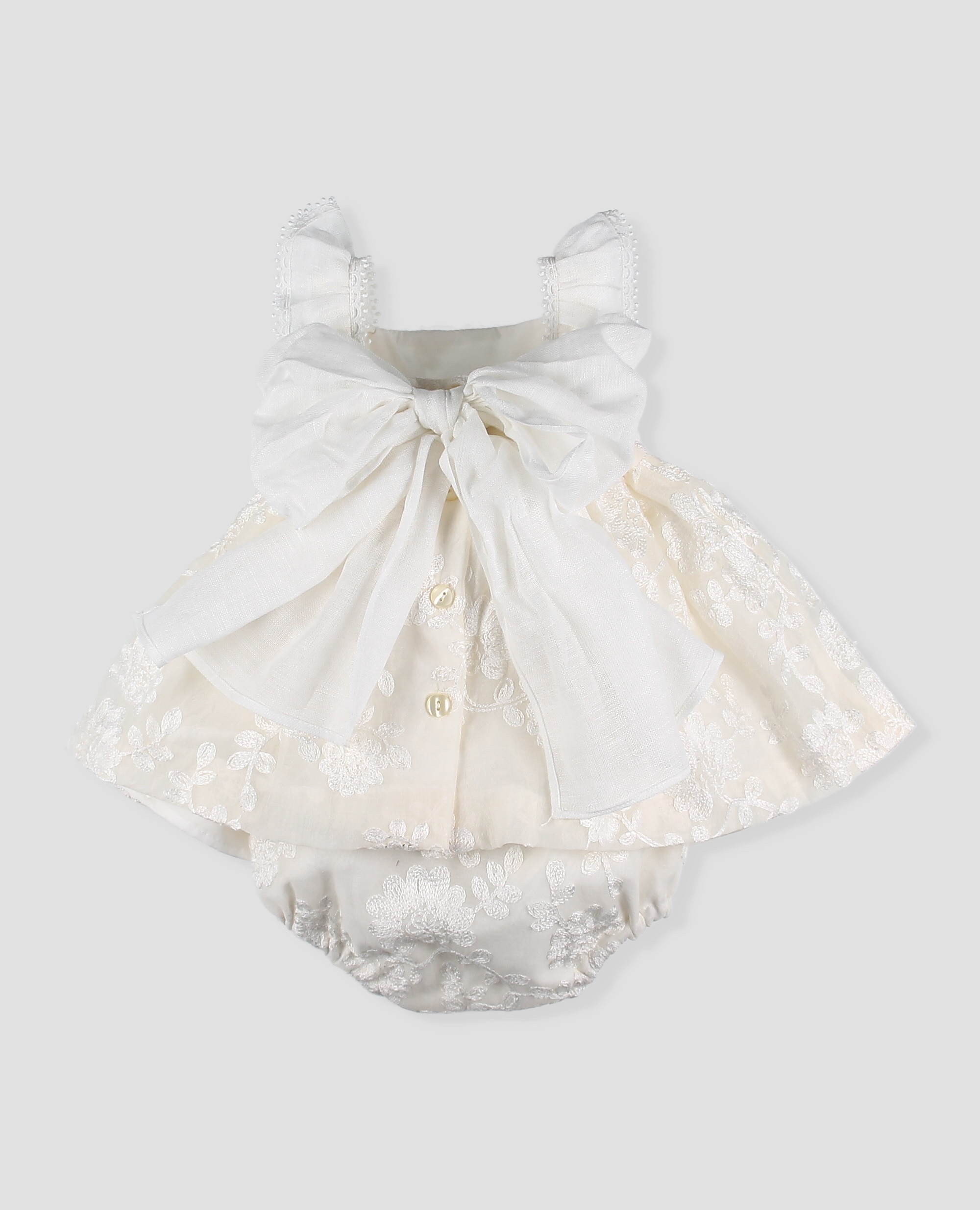 Vestido de gasa bordada de bebé niña con volantes de lino - Foque - Crudo Crudo-2