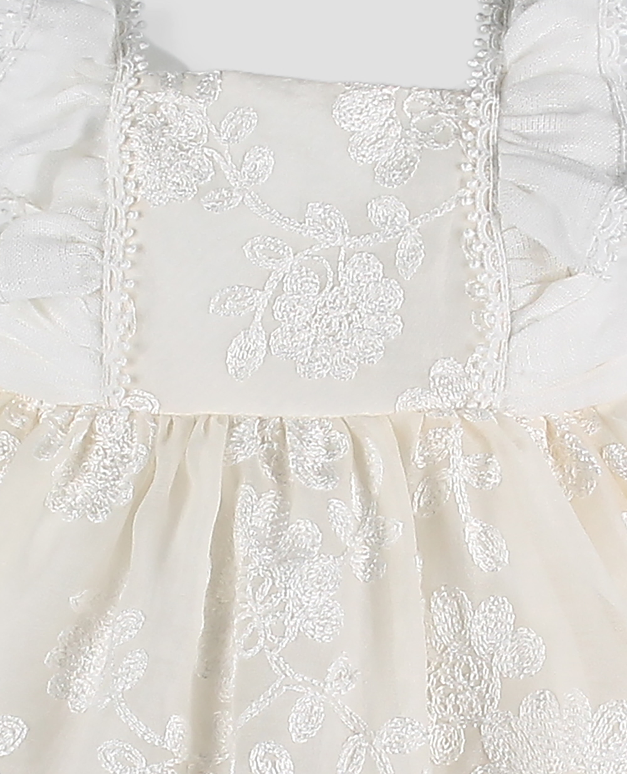 Vestido de gasa bordada de bebé niña con volantes de lino - Foque - Crudo Crudo-4