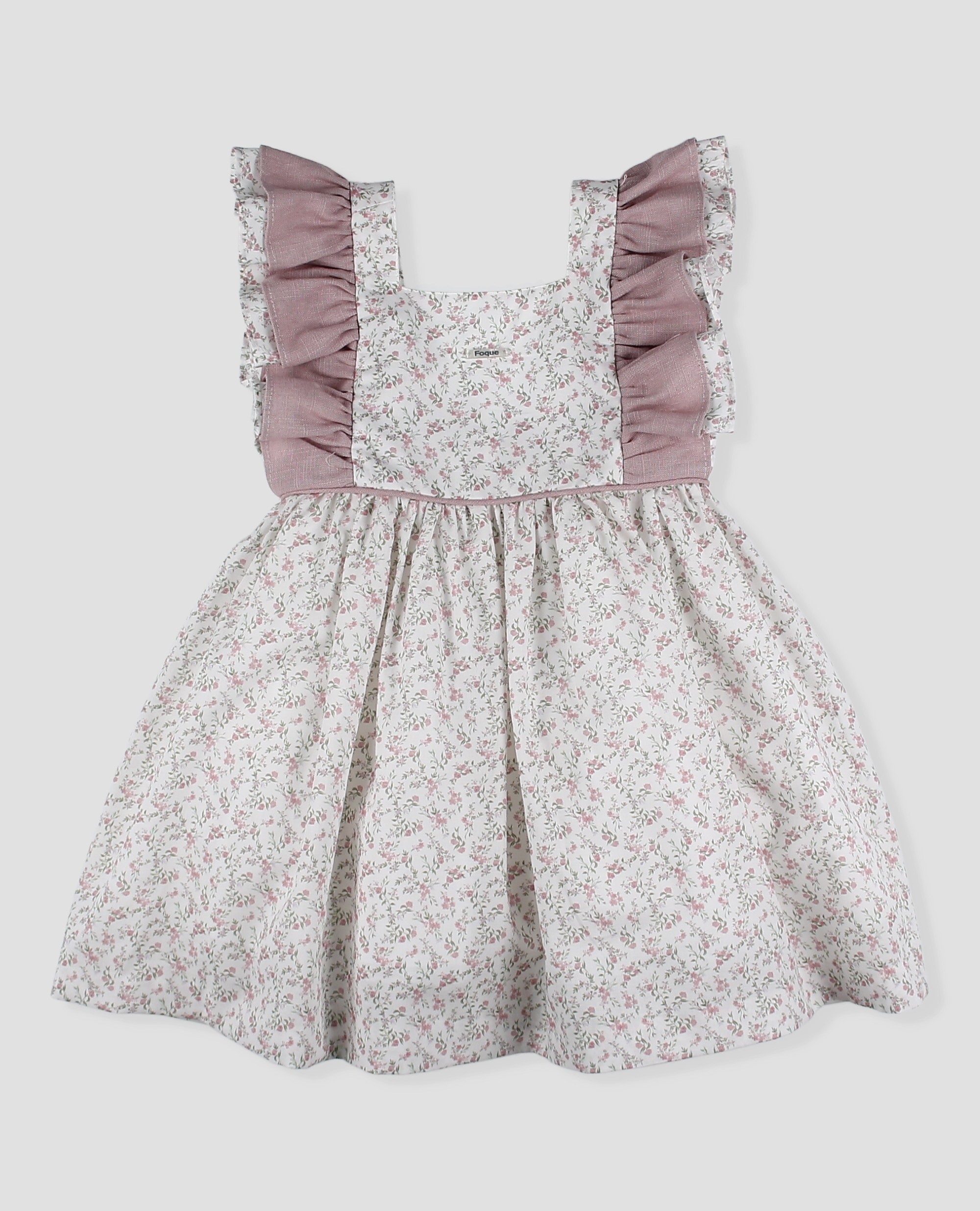 Vestido de bebé niña de algodón manga farol - Foque - Blanco / Rosa Blanco / Rosa-3