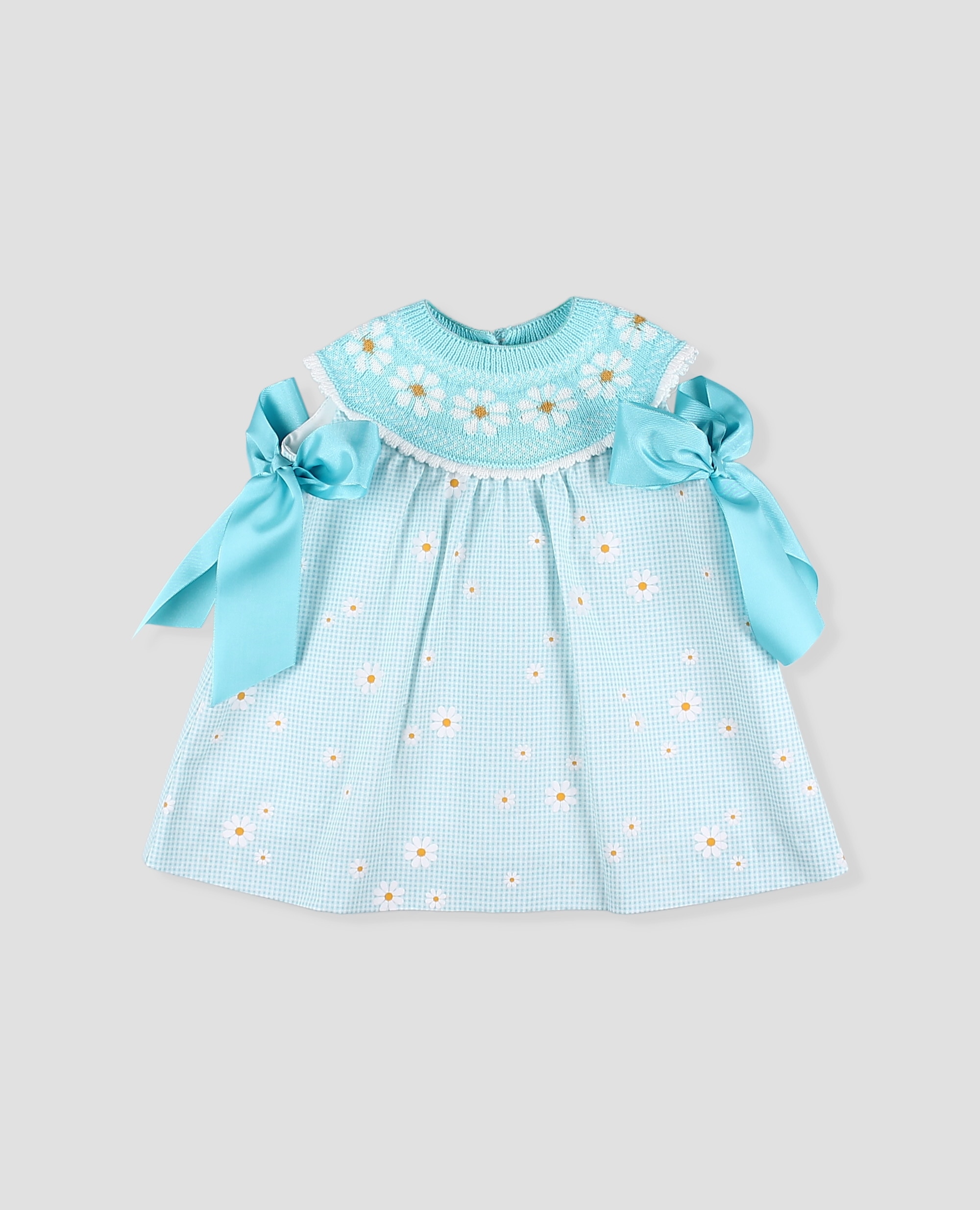 Vestido estampado margaritas de bebé niña de algodón con capacete de punto - Foque - Blanco / Turquesa Blanco / Turquesa-3