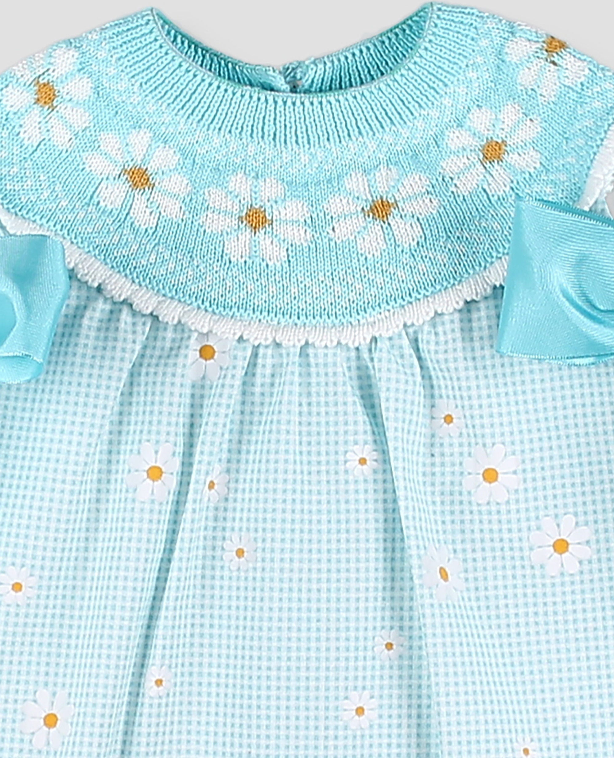 Vestido estampado margaritas de bebé niña de algodón con capacete de punto - Foque - Blanco / Turquesa Blanco / Turquesa-4