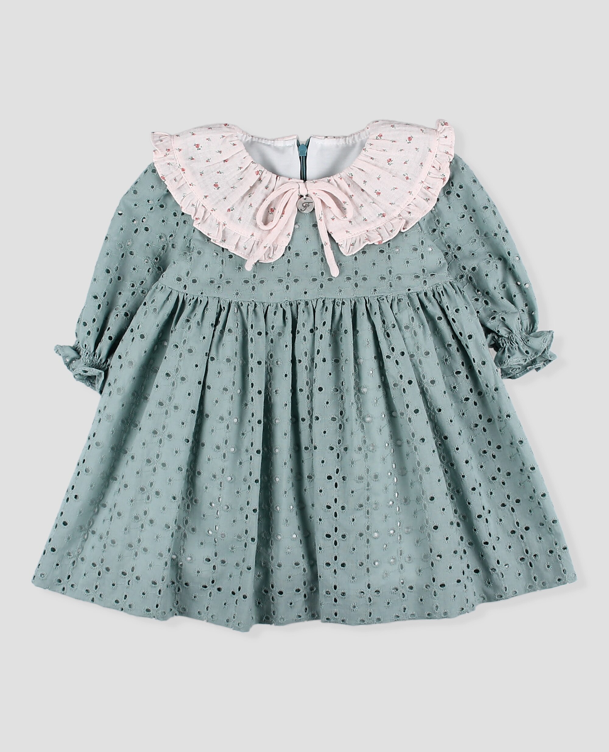 Vestido en tejido bordado de niña de algodón orgánico con cuello bámbula - Foque - Verde claro Verde claro-3