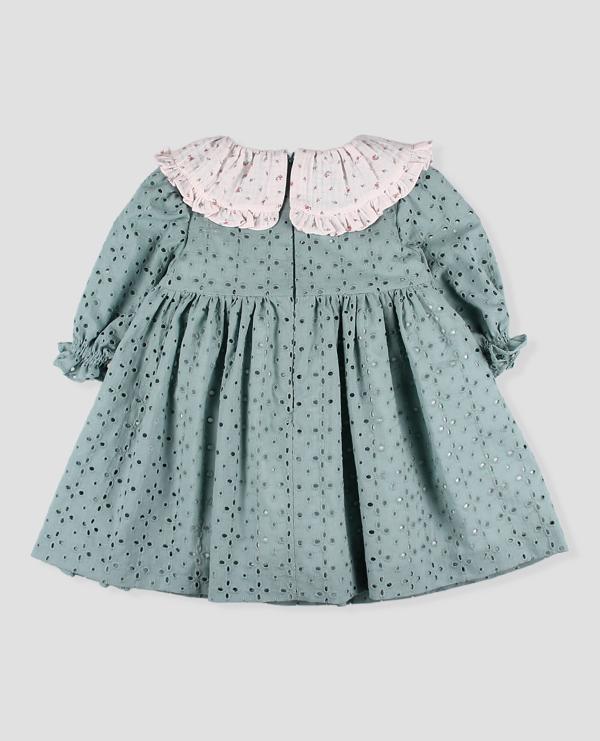 Vestido en tejido bordado de niña de algodón orgánico con cuello bámbula - Foque - Verde claro Verde claro-2