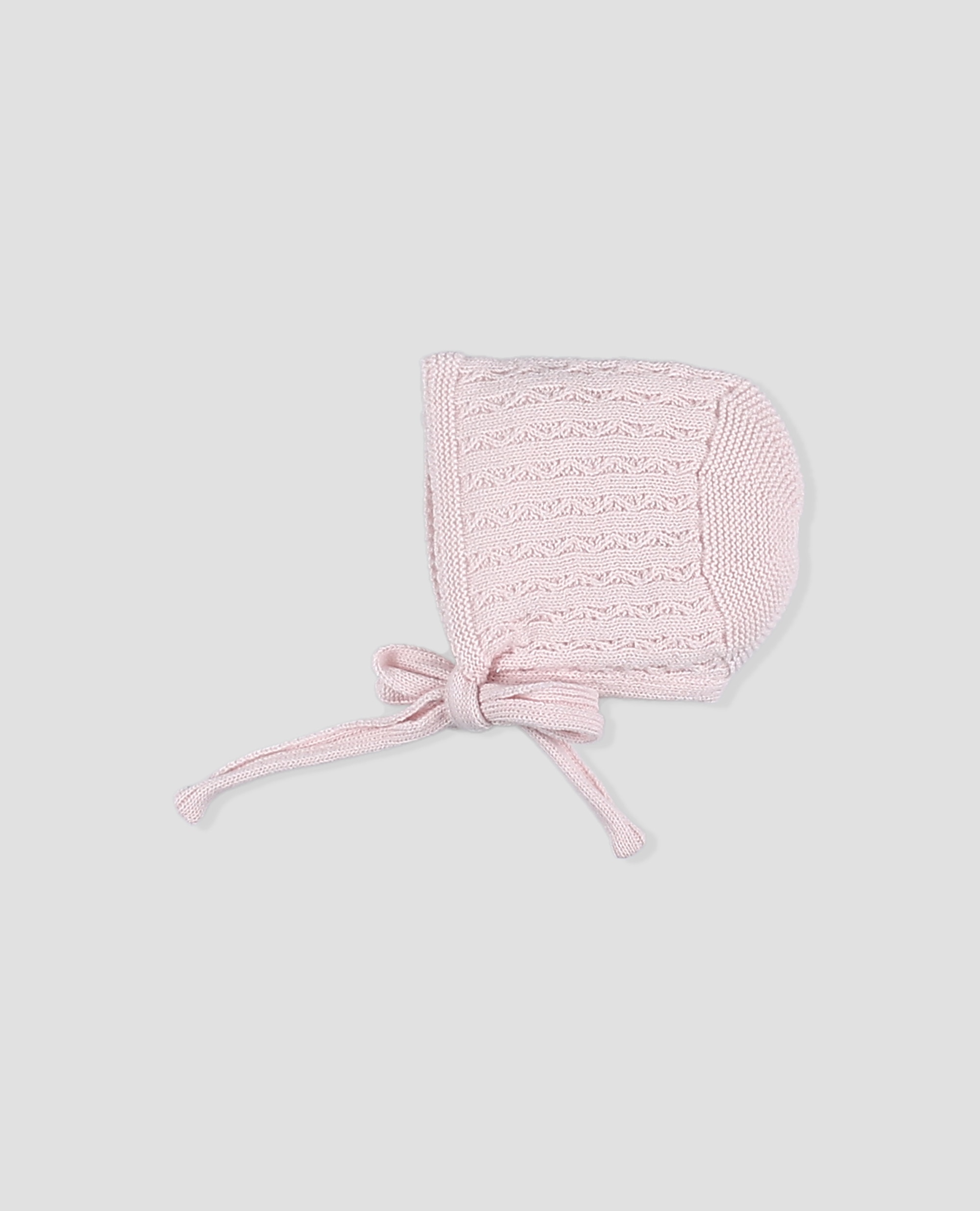Capota de punto, bebé niña con grecas y lazada de punto. - Foque - Rosa pastel Rosa pastel-1