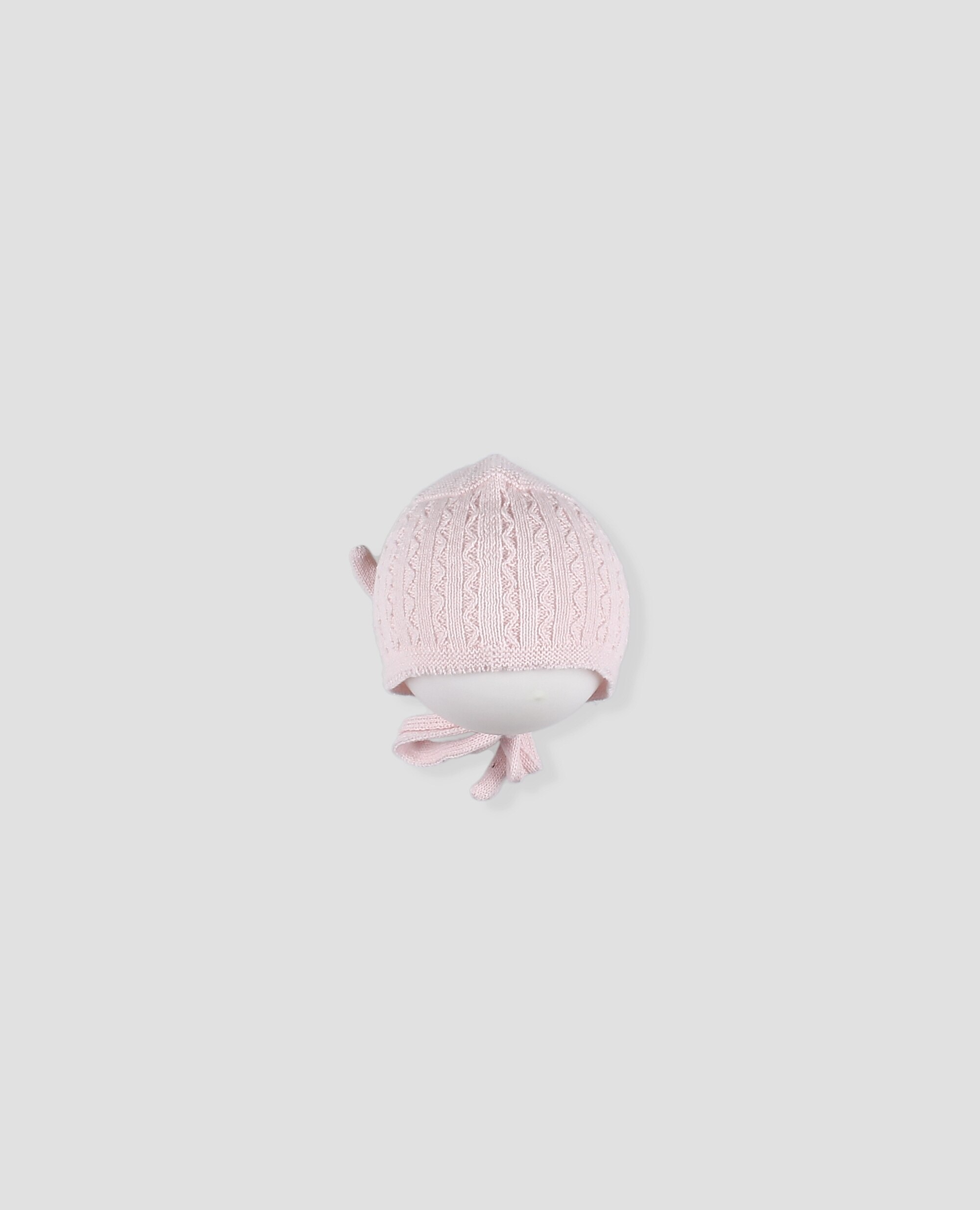 Capota de punto, bebé niña con grecas y lazada de punto. - Foque - Rosa pastel Rosa pastel-4